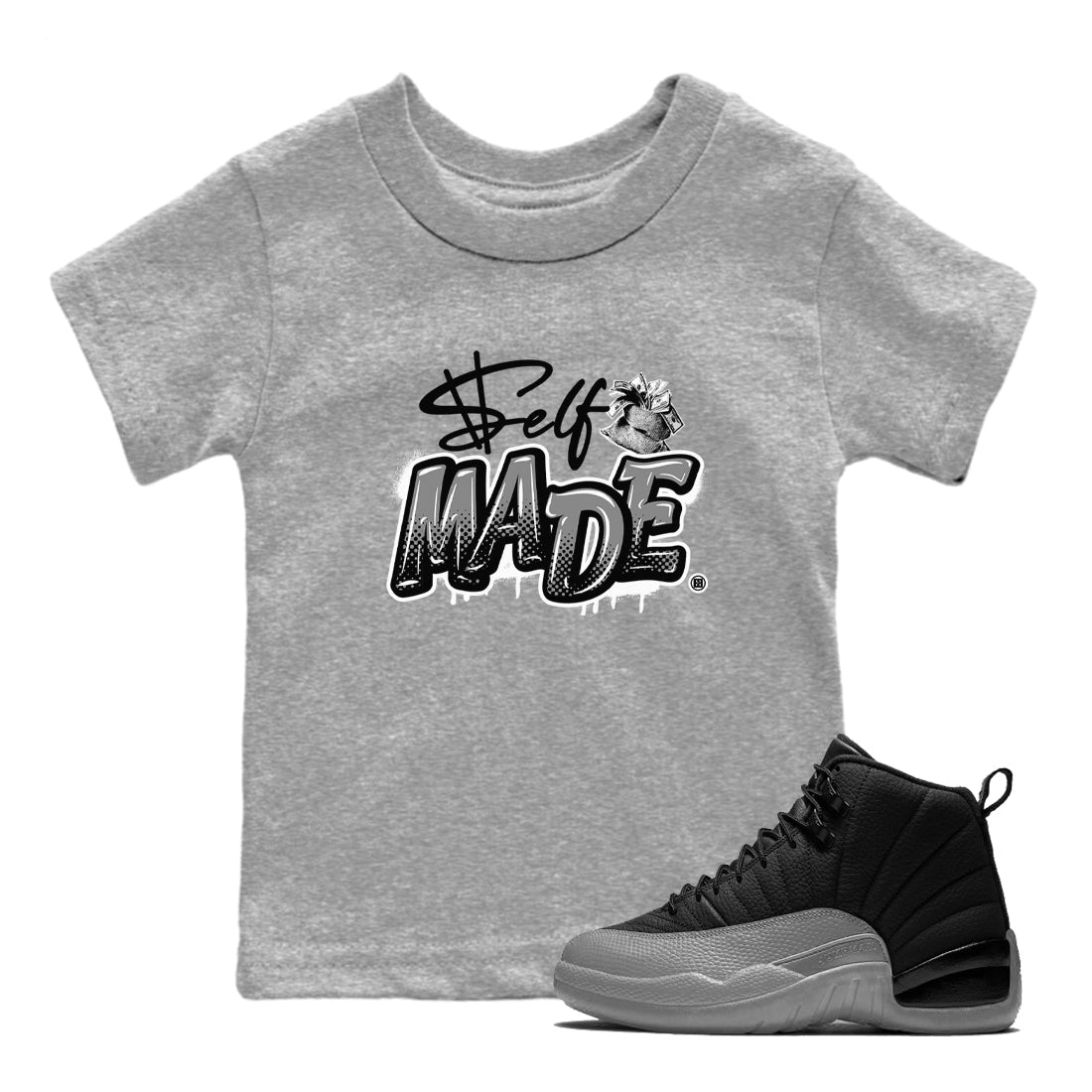 Self Made snkmatch Tees Kids - Air Jordan 12 Black Wolf Grey
