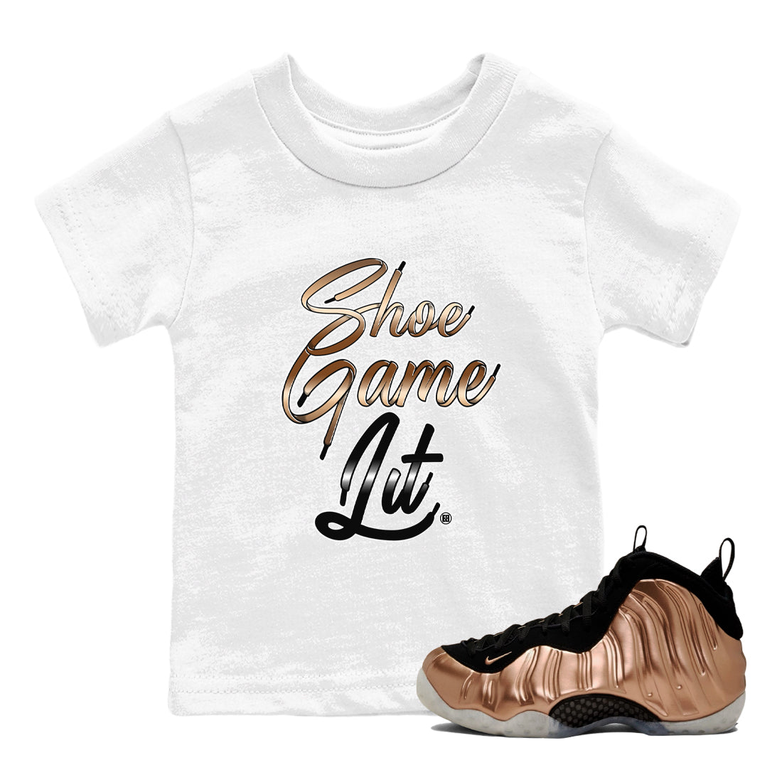 Shoe Game Lit Shoe Lace snkmatch Tees Kids - Air Foamposite One Metallic Copper