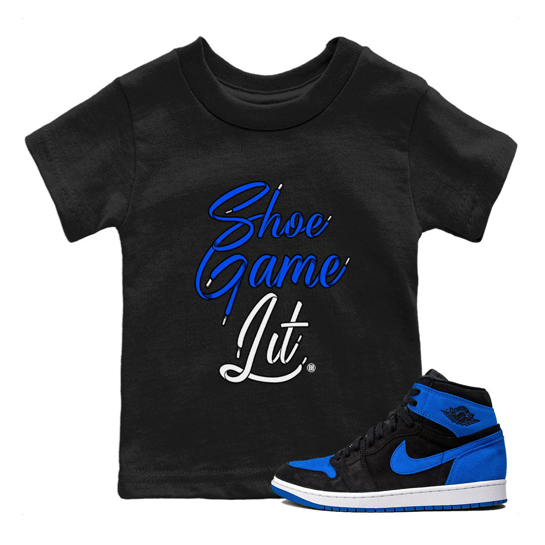 Shoe Game Lit Shoe Lace snkmatch Tee Kids - Air Jordan 1 Royal Reimagined