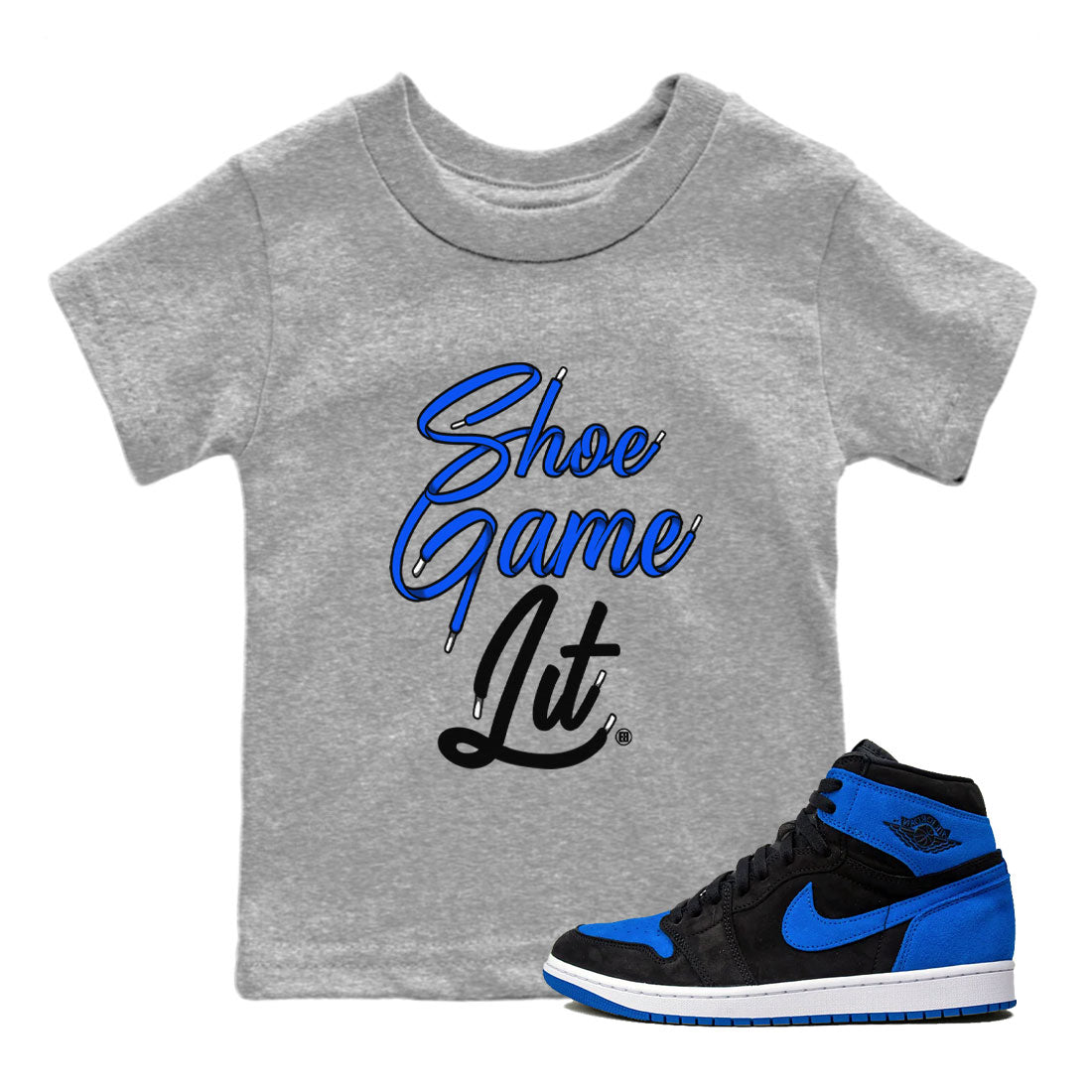 Shoe Game Lit Shoe Lace snkmatch Tee Kids - Air Jordan 1 Royal Reimagined
