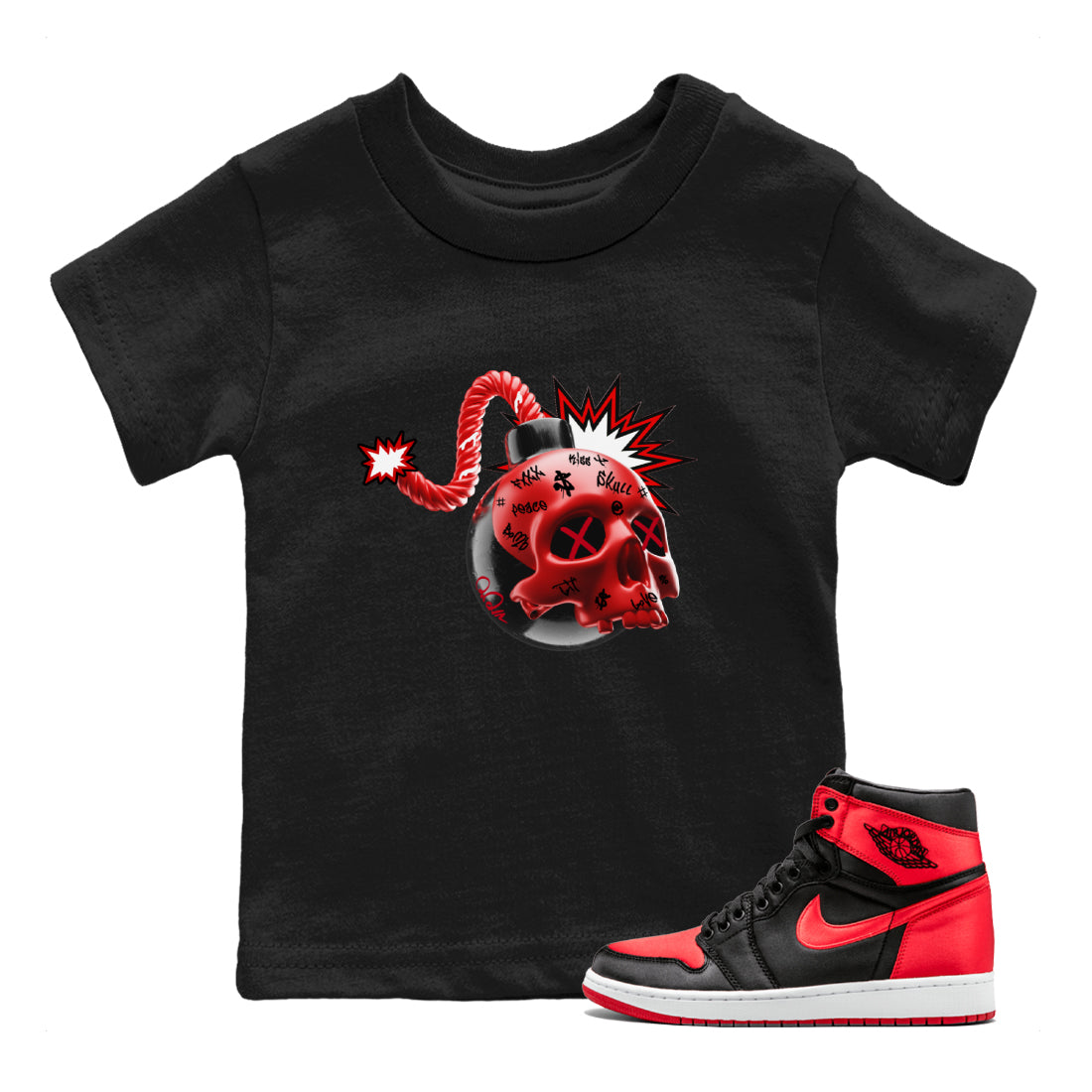 Skull Bomb Kids Tops - Air Jordan 1 Satin Bred