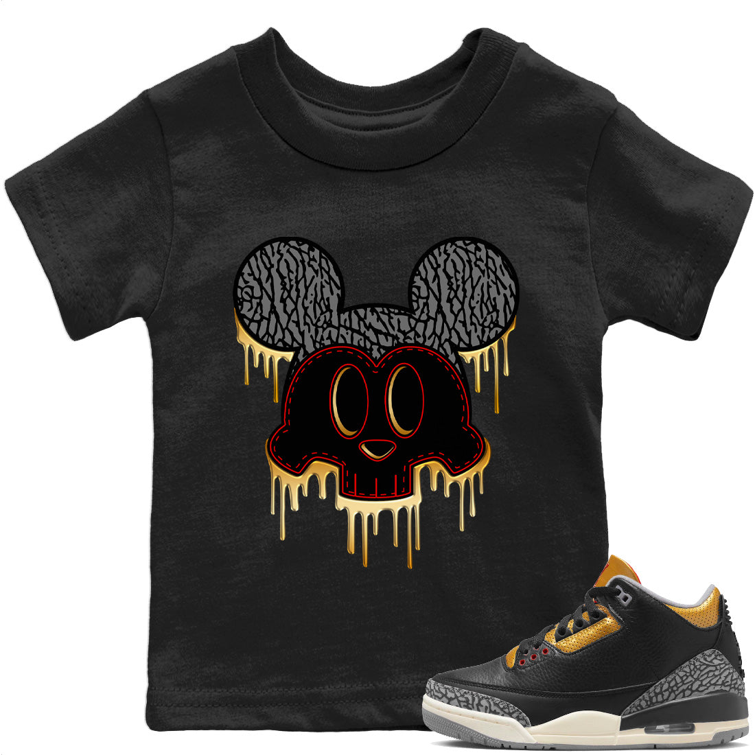Skull Mouse Kids Tops - Air Jordan 3 Black Gold