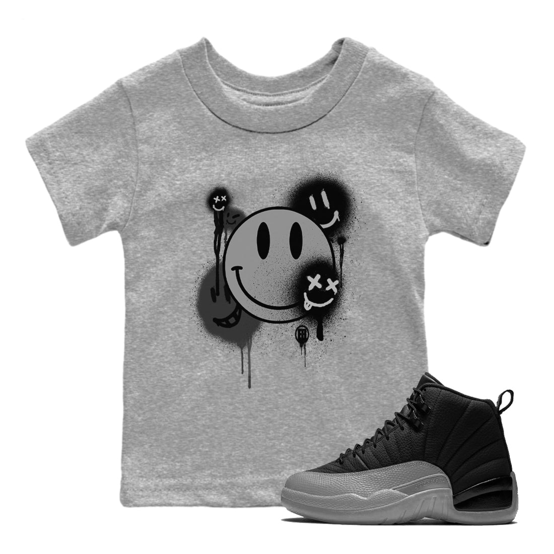 Smile Painting snkmatch Tees Kids - Air Jordan 12 Black Wolf Grey