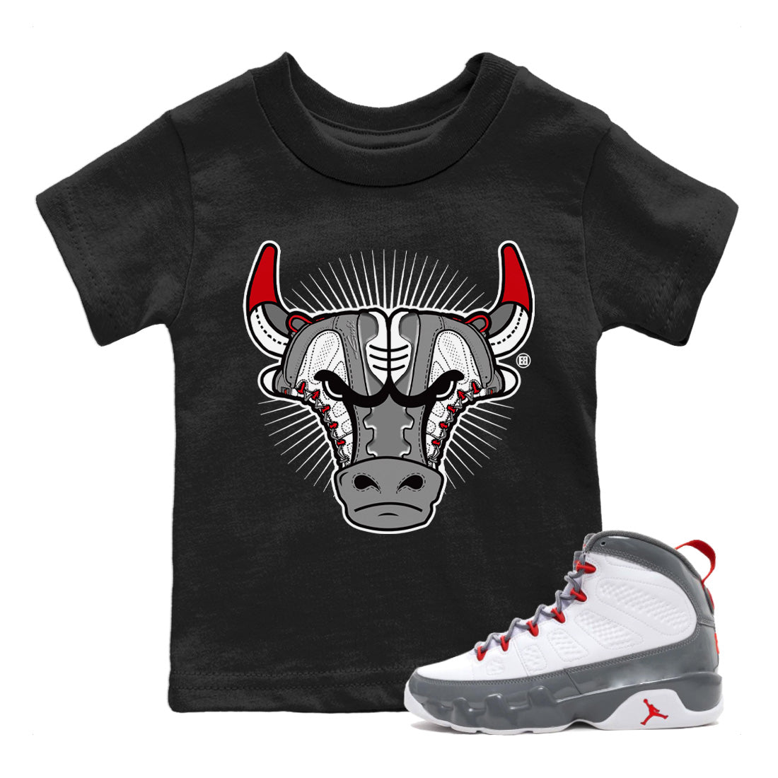snkmatch Bull Head Kids Tops - Air Jordan 9 Fire Red