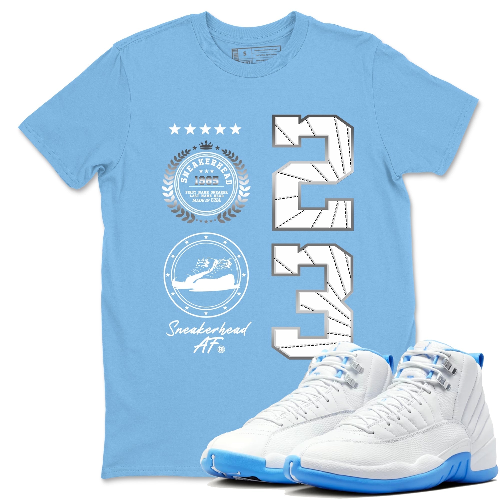 snkmatch Emblem snkmatch Tees - Air Jordan 12 White and University Blue