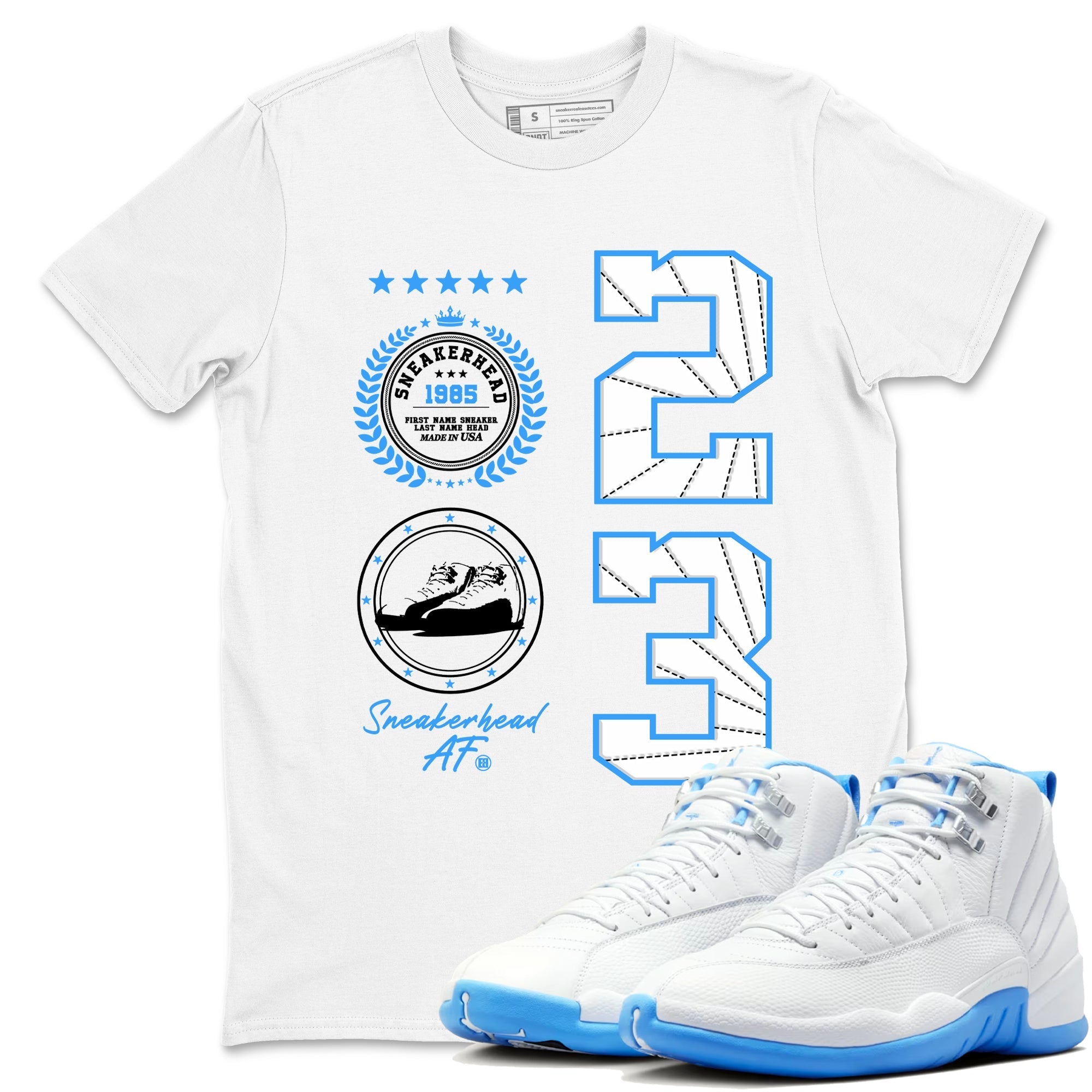 snkmatch Emblem snkmatch Tees - Air Jordan 12 White and University Blue
