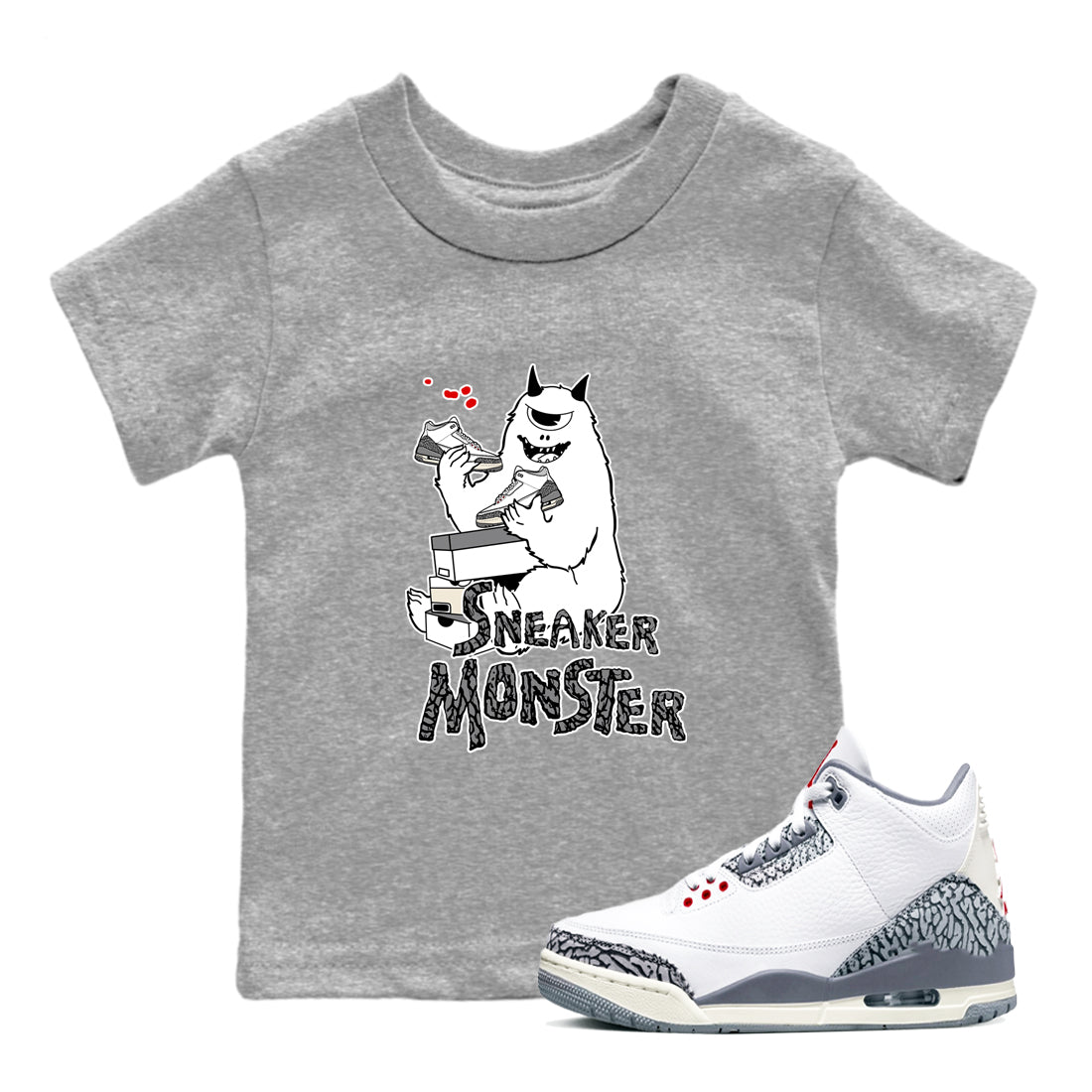 snkmatch Monster snkmatch Tees Kids - Air Jordan 3 Cement Grey
