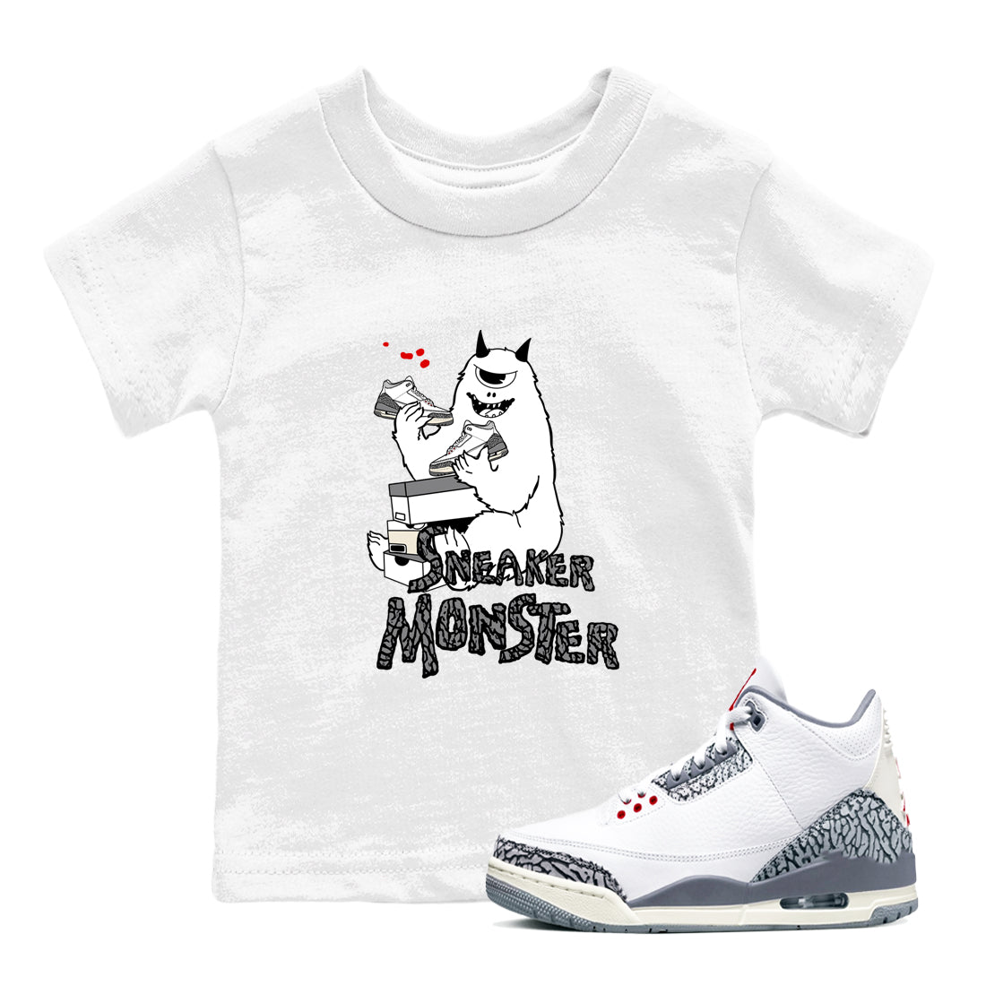 snkmatch Monster snkmatch Tees Kids - Air Jordan 3 Cement Grey
