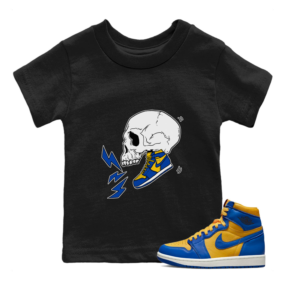 snkmatch Skull Kids Tops - Air Jordan 1 Game Royal Varsity Maize