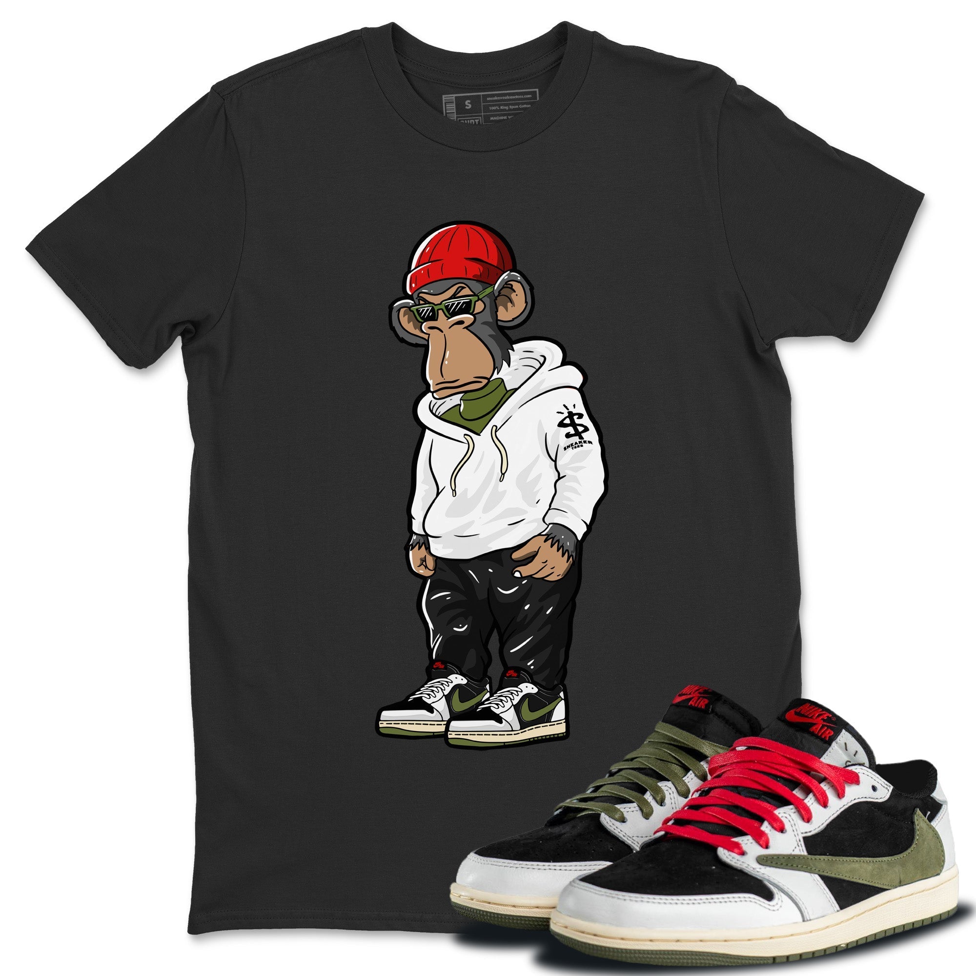 Sneakerhead Monkey Unisex Tops - Air Jordan 1 Travis Scott Olive