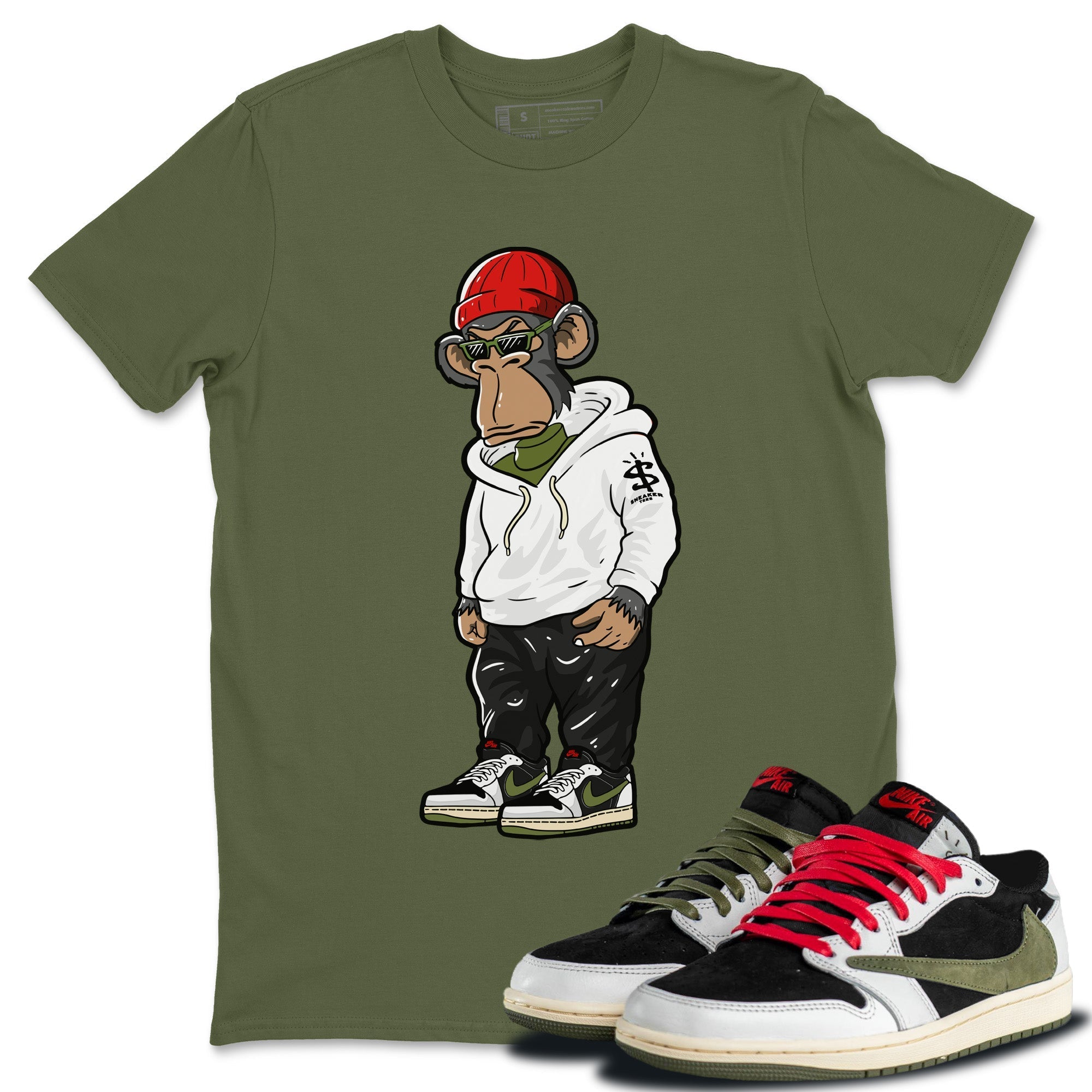Sneakerhead Monkey Unisex Tops - Air Jordan 1 Travis Scott Olive