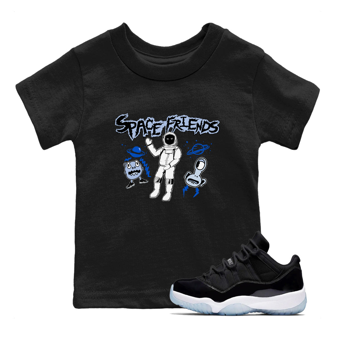 Space Friends snkmatch Tees Kids - Air Jordan 11 Black and Varsity Royal
