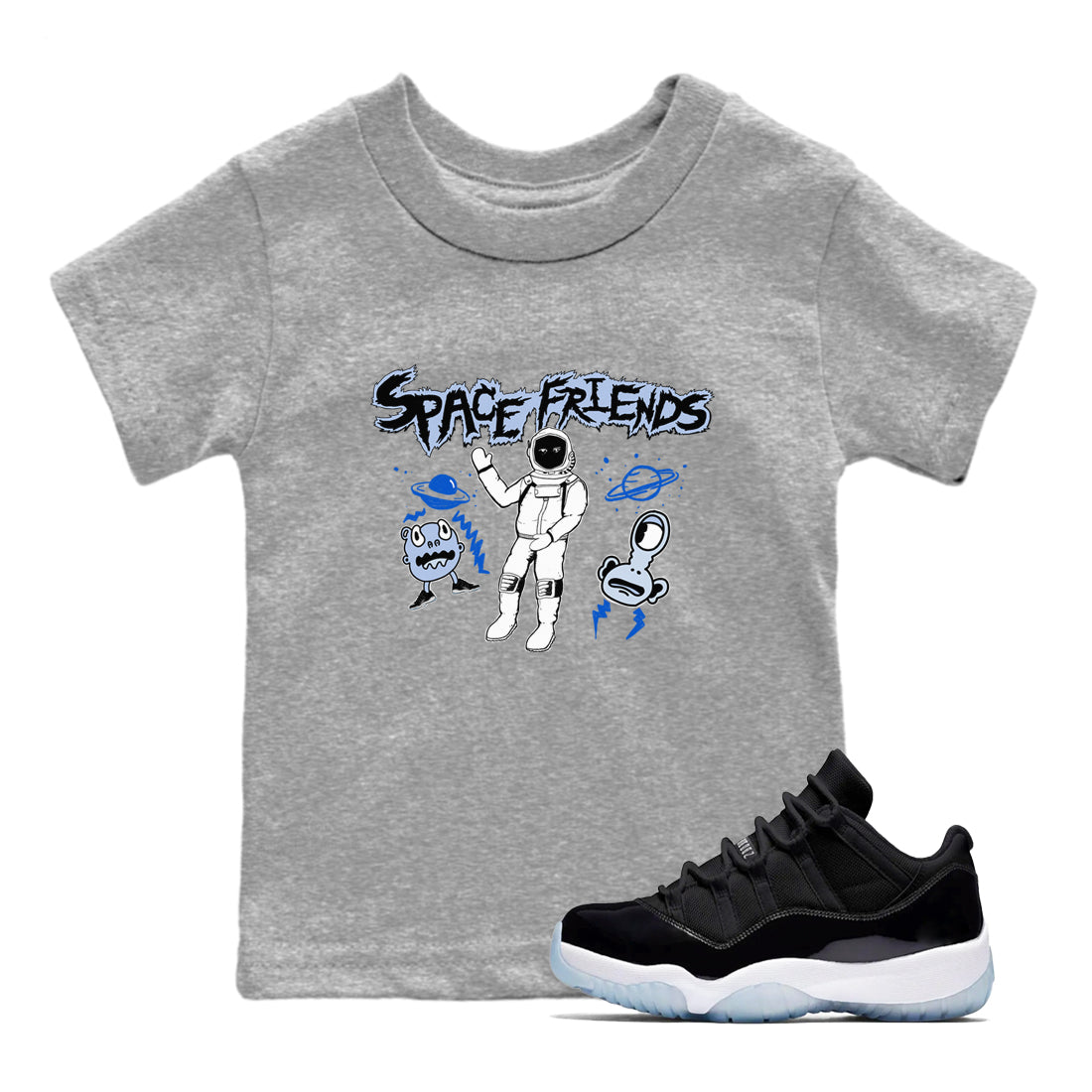 Space Friends snkmatch Tees Kids - Air Jordan 11 Black and Varsity Royal