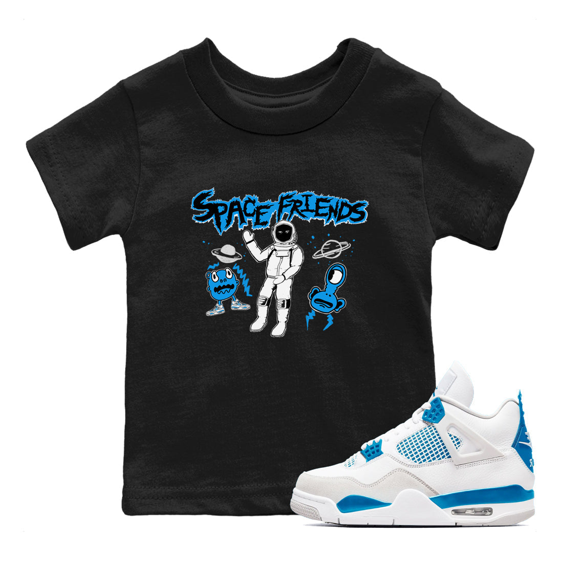 Space Friends snkmatch Tees Kids - Air Jordan 4 Military Blue