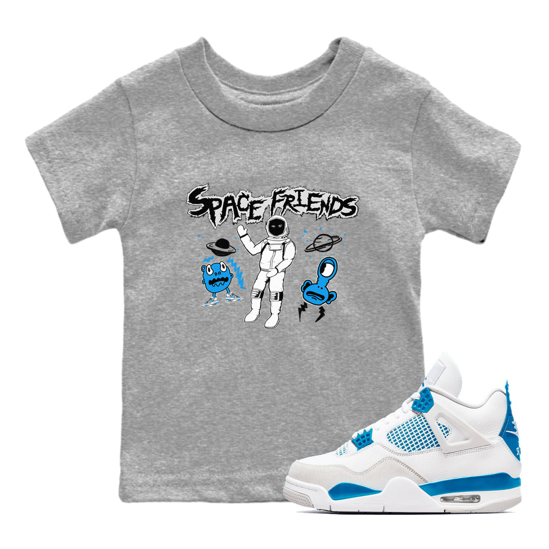 Space Friends snkmatch Tees Kids - Air Jordan 4 Military Blue