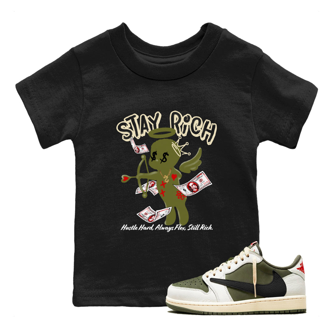 Stay Rich snkmatch Tees Kids - Air Jordan 1 Travis Scott Medium Olive