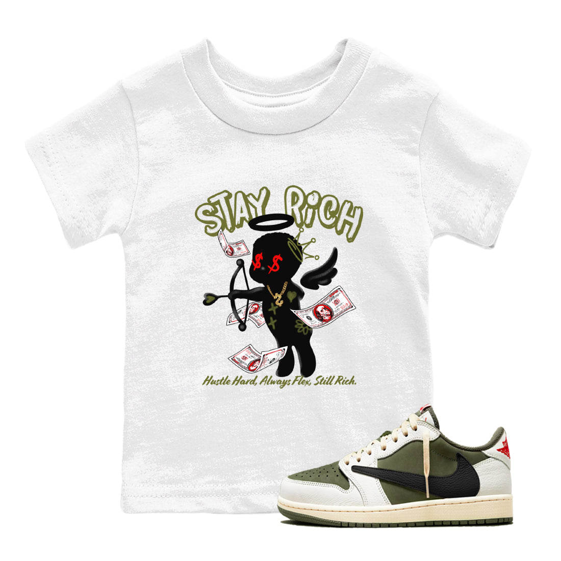 Stay Rich snkmatch Tees Kids - Air Jordan 1 Travis Scott Medium Olive