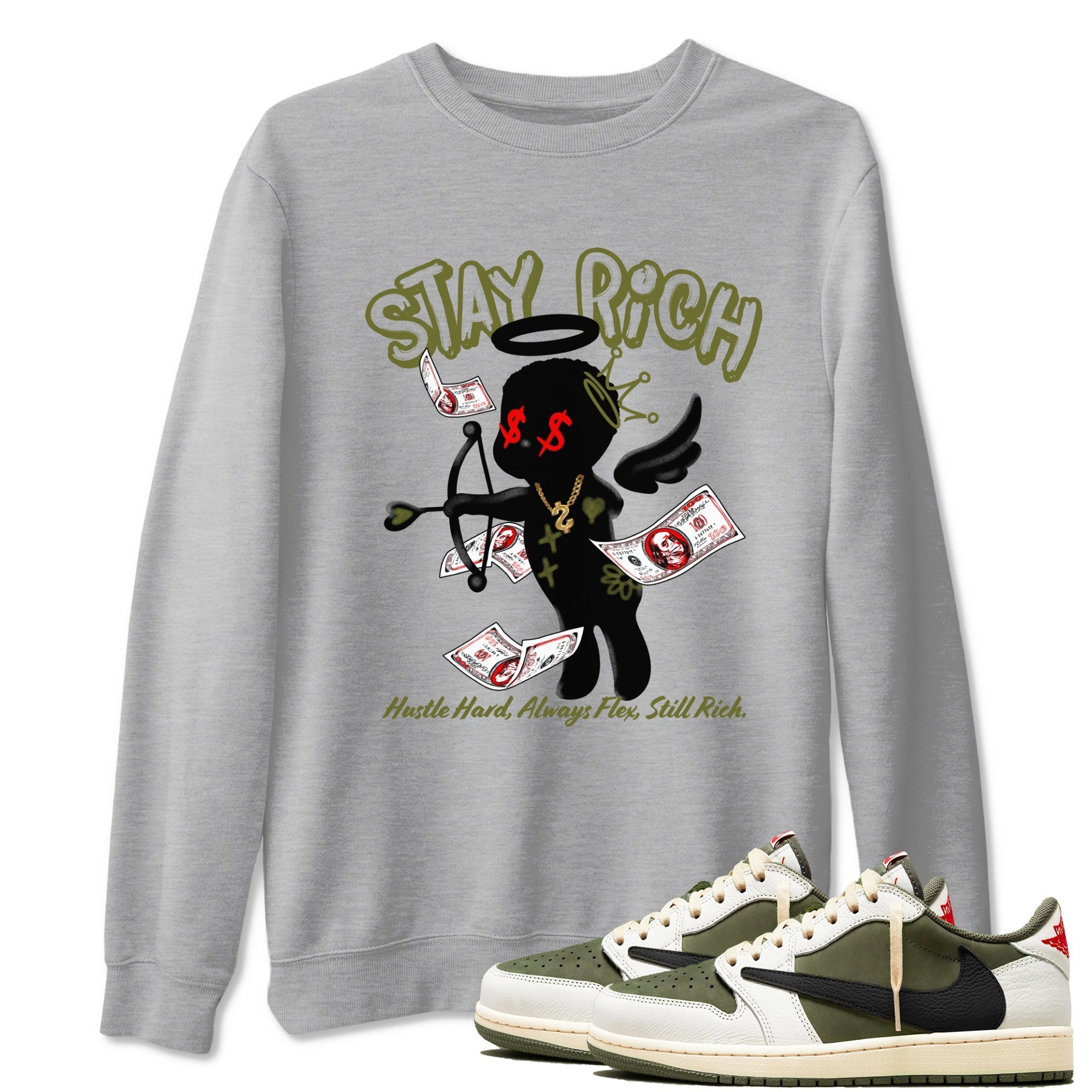 Stay Rich snkmatch Tees - Air Jordan 1 Travis Scott Medium Olive