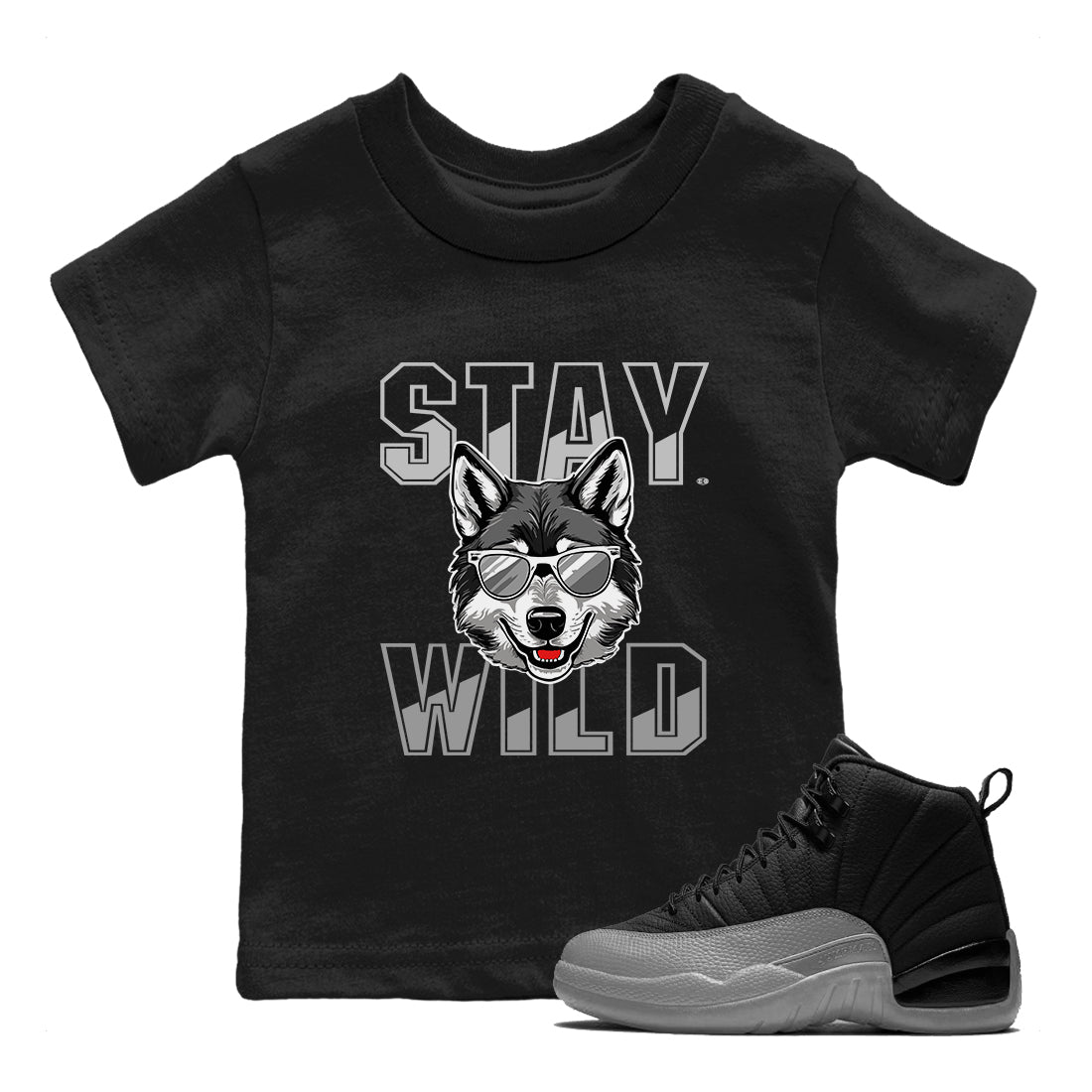 Stay Wild snkmatch Tees Kids - Air Jordan 12 Black Wolf Grey