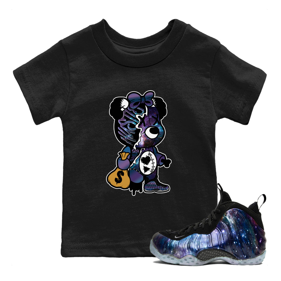 Stitched Hustle Bear snkmatch Tees Kids - Air Foamposite One Galaxy