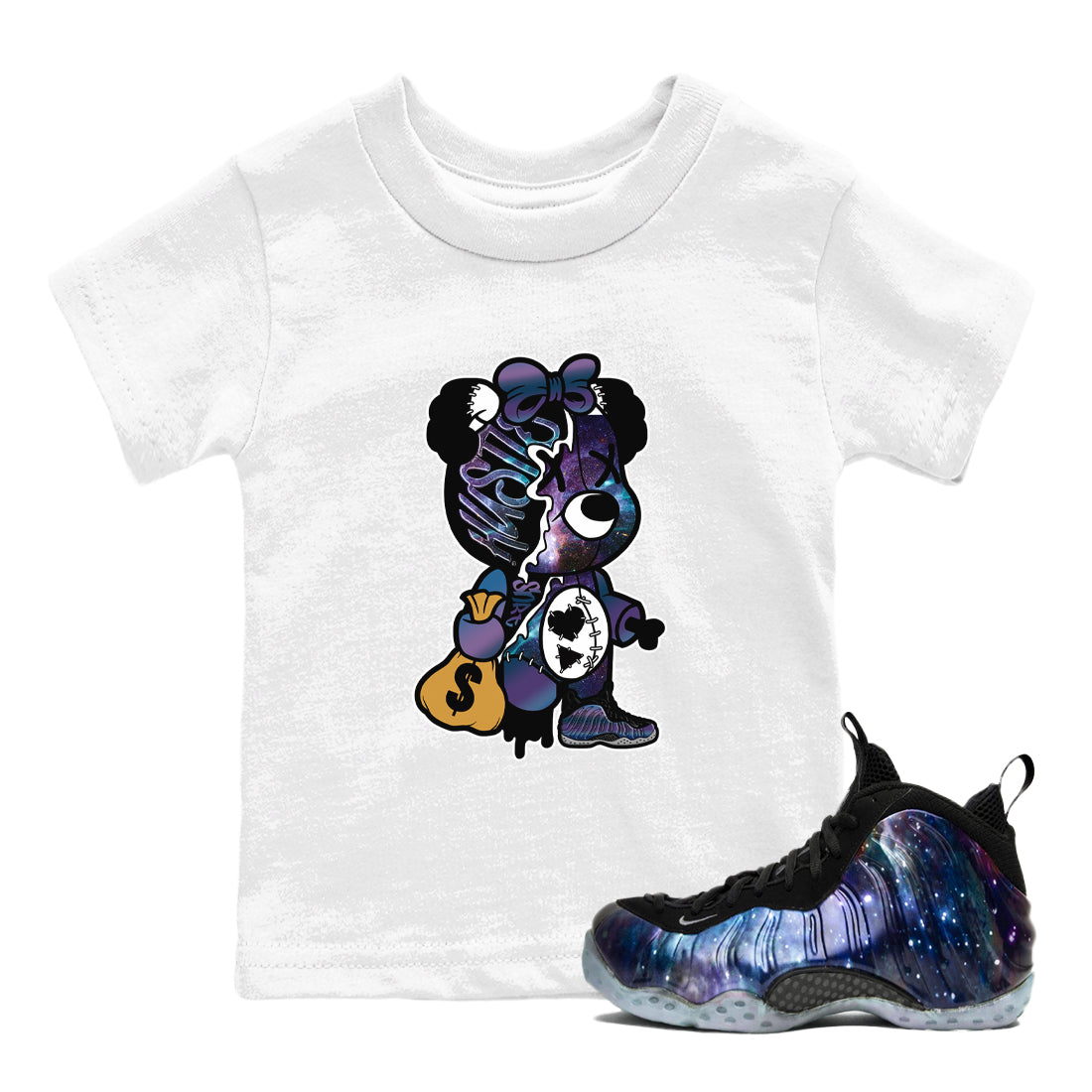 Stitched Hustle Bear snkmatch Tees Kids - Air Foamposite One Galaxy