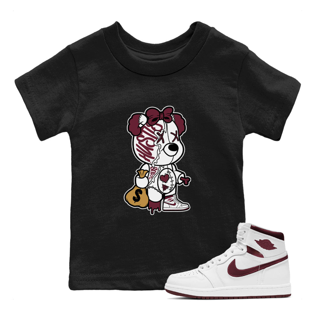 Stitched Hustle Bear snkmatch Tees Kids - Air Jordan 1 Metallic Burgundy