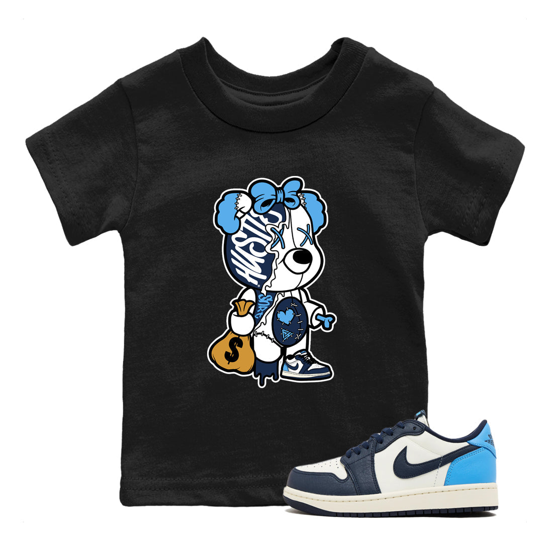 Stitched Hustle Bear snkmatch Tees Kids - Air Jordan 1 Obsidian
