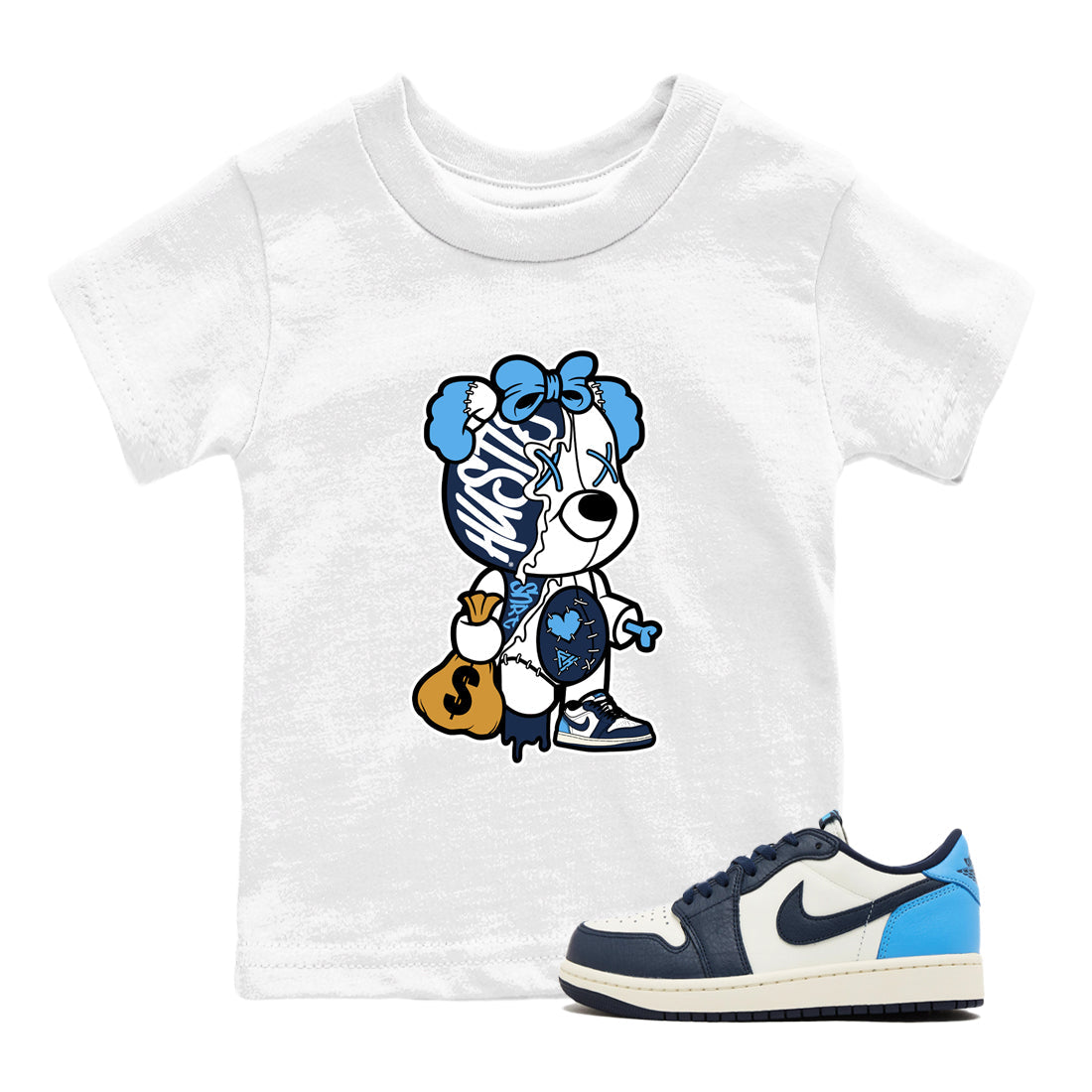 Stitched Hustle Bear snkmatch Tees Kids - Air Jordan 1 Obsidian