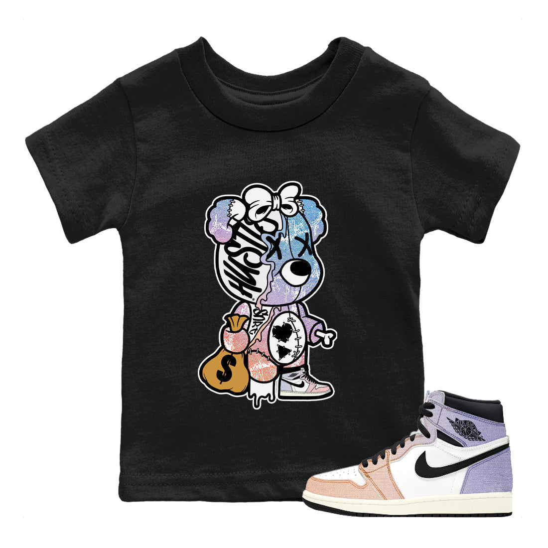 Stitched Hustle Bear Kids Tops - Air Jordan 1 Skyline