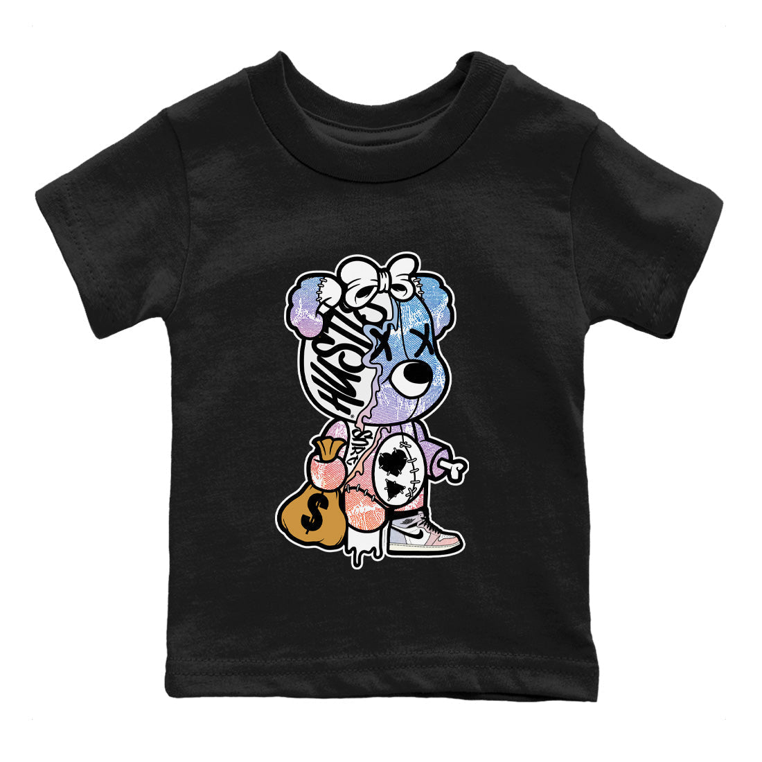 Stitched Hustle Bear Kids Tops - Air Jordan 1 Skyline