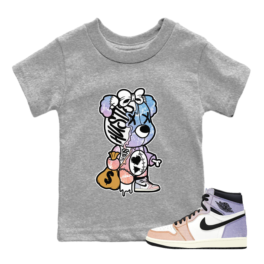 Stitched Hustle Bear Kids Tops - Air Jordan 1 Skyline
