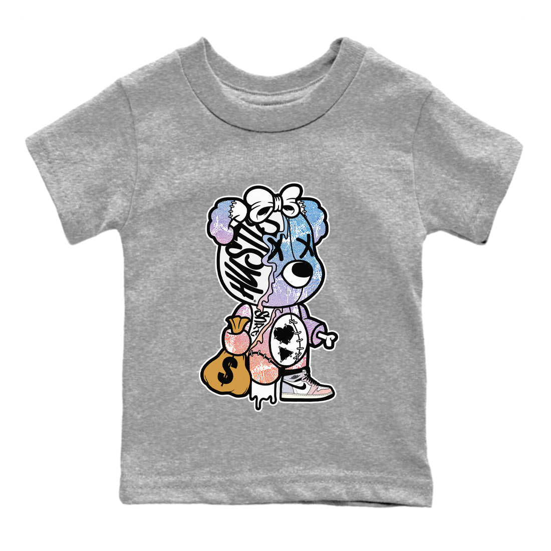 Stitched Hustle Bear Kids Tops - Air Jordan 1 Skyline