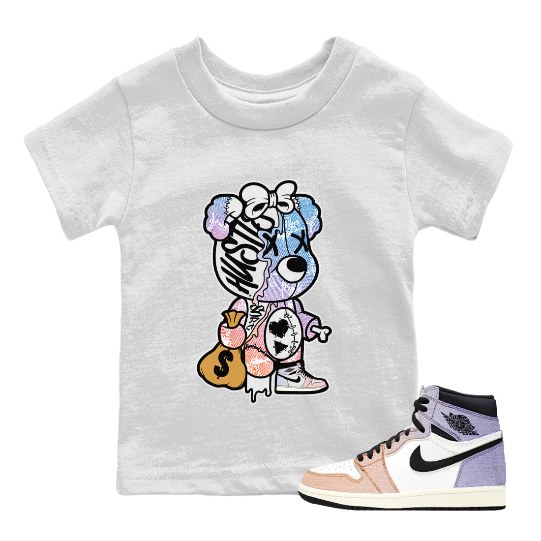Stitched Hustle Bear Kids Tops - Air Jordan 1 Skyline