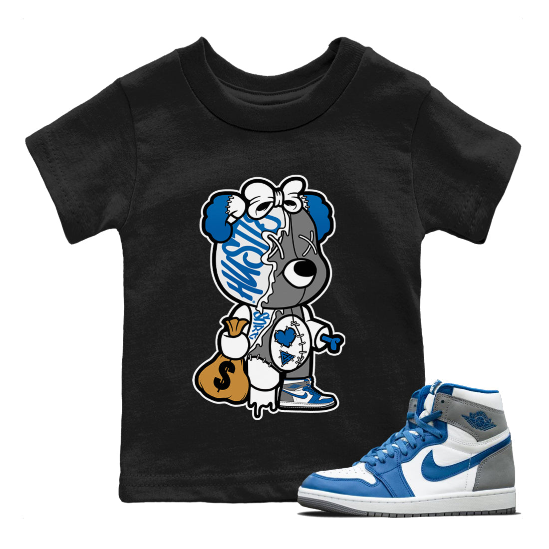Stitched Hustle Bear Kids Tops - Air Jordan 1 True Blue