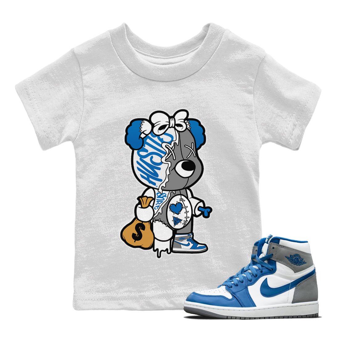 Stitched Hustle Bear Kids Tops - Air Jordan 1 True Blue