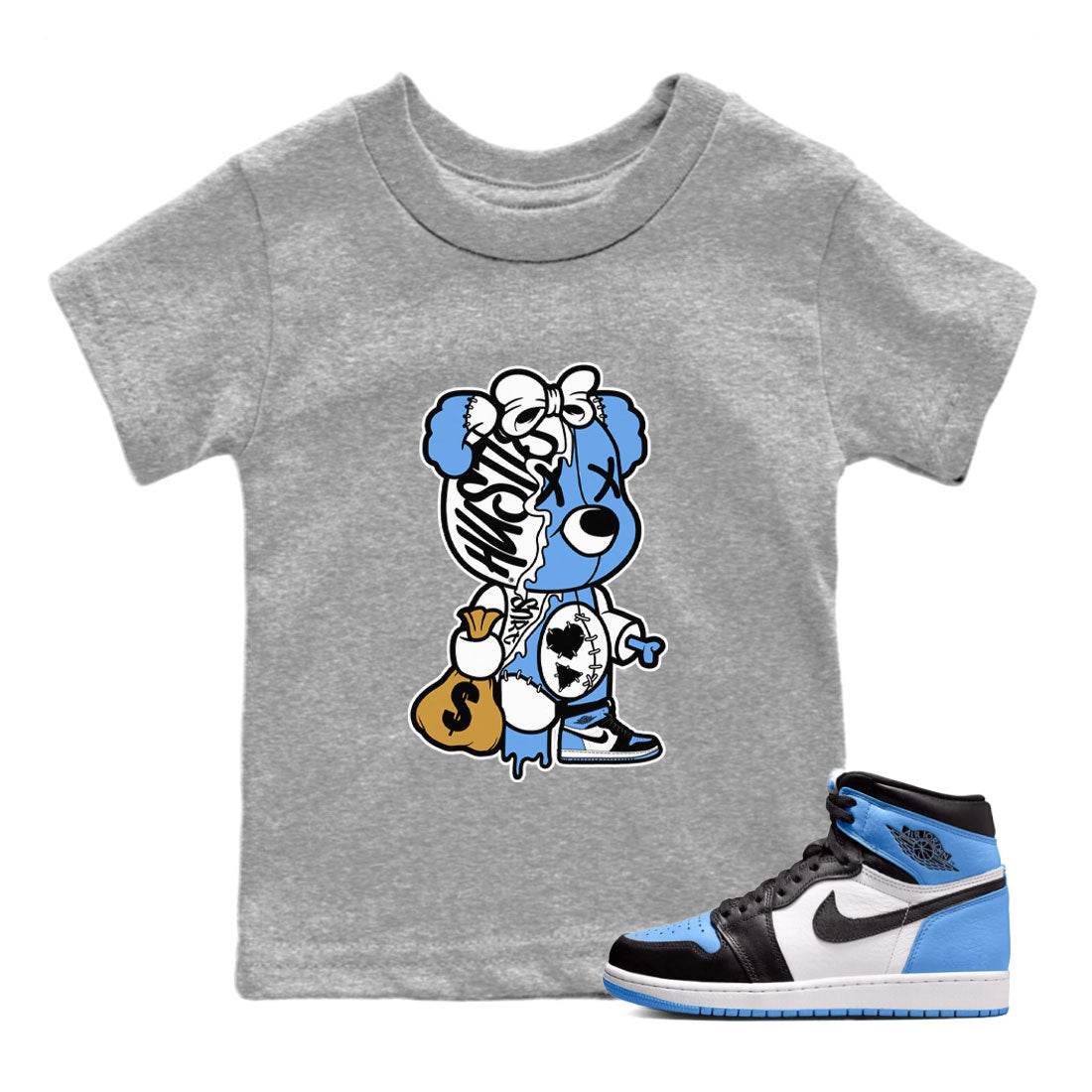 Stitched Hustle Bear snkmatch Tee Kids - Air Jordan 1 UNC Toe