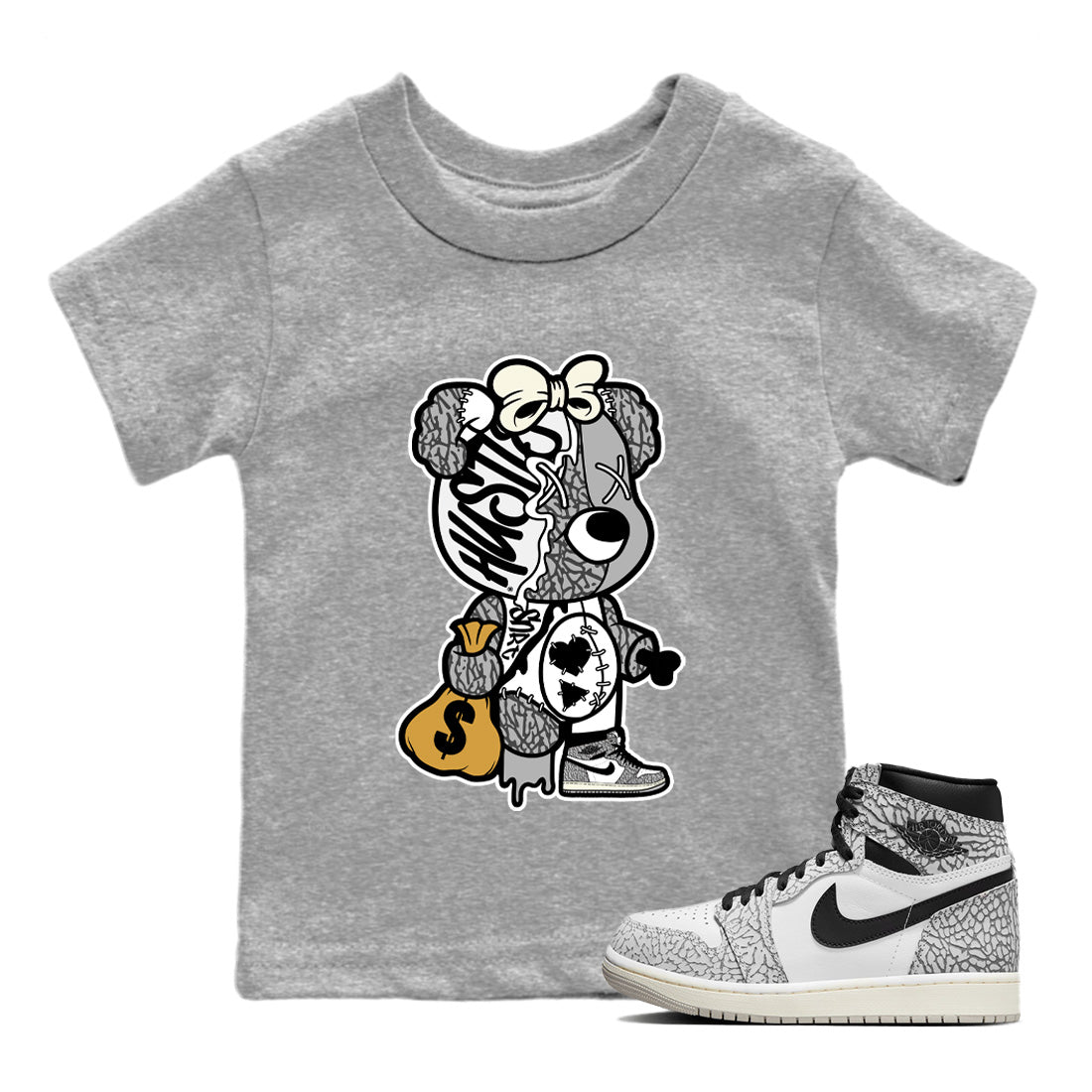 Stitched Hustle Bear Kids Tops - Air Jordan 1 White Cement