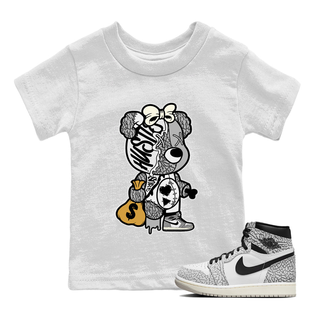 Stitched Hustle Bear Kids Tops - Air Jordan 1 White Cement