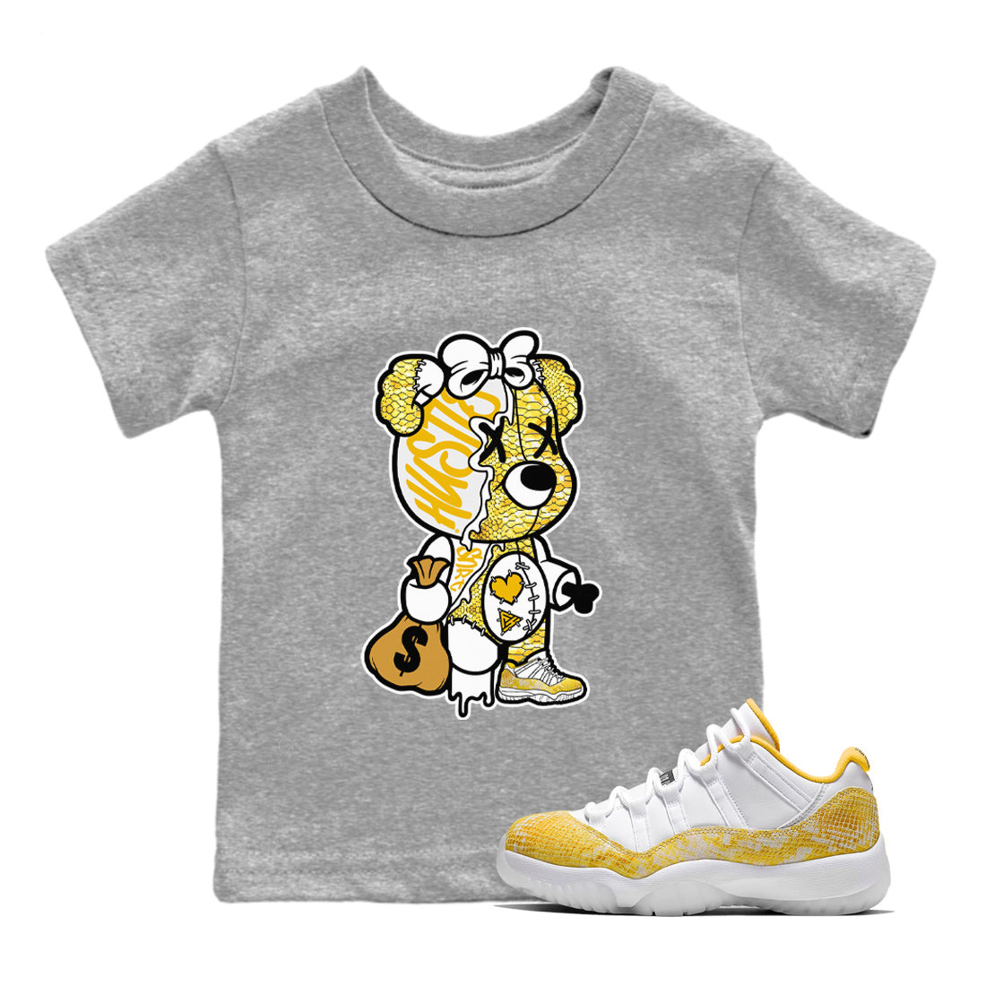 Stitched Hustle Bear Kids Tops - Air Jordan 11 Yellow Python