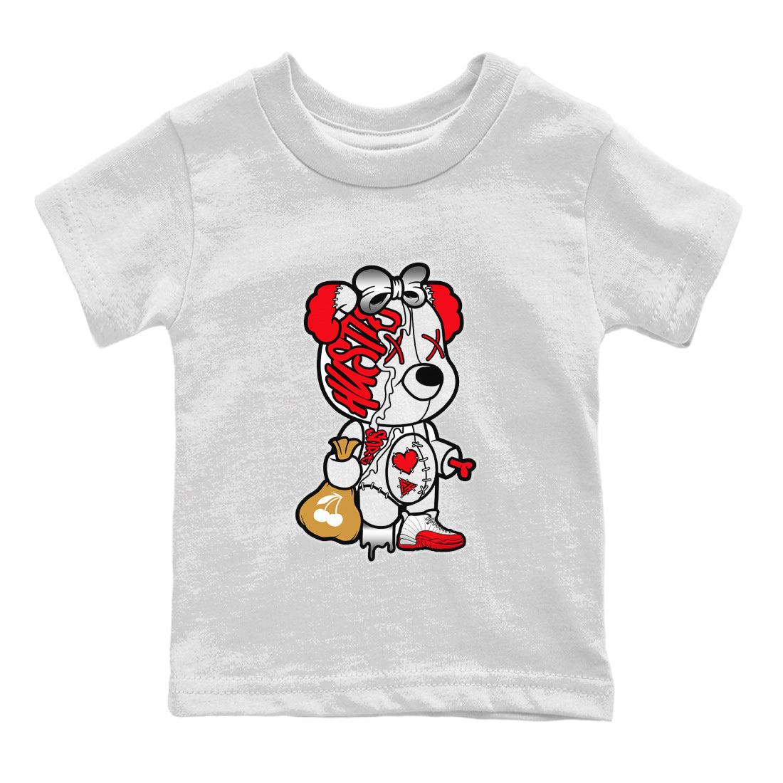 Stitched Hustle Bear Kids Tops - Air Jordan 12 Cherry