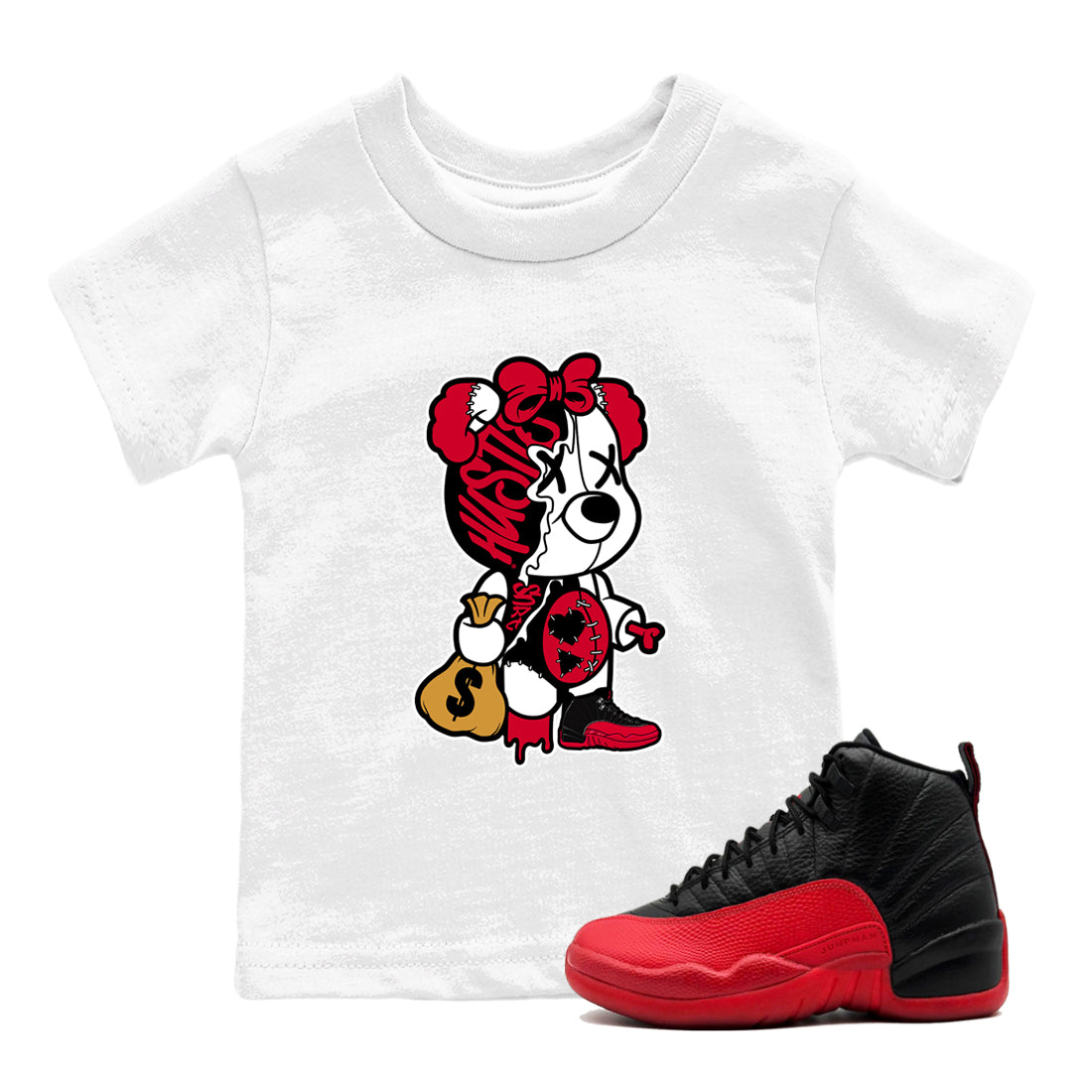 Stitched Hustle Bear snkmatch Tees Kids - Air Jordan 12 Flu Game
