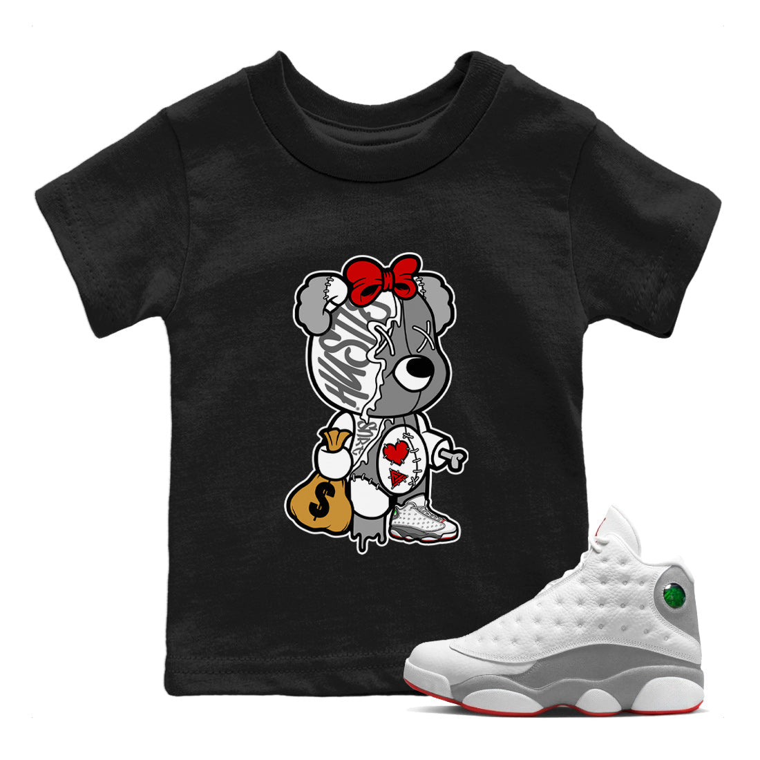 Stitched Hustle Bear Kids Tops - Air Jordan 13 Wolf Grey
