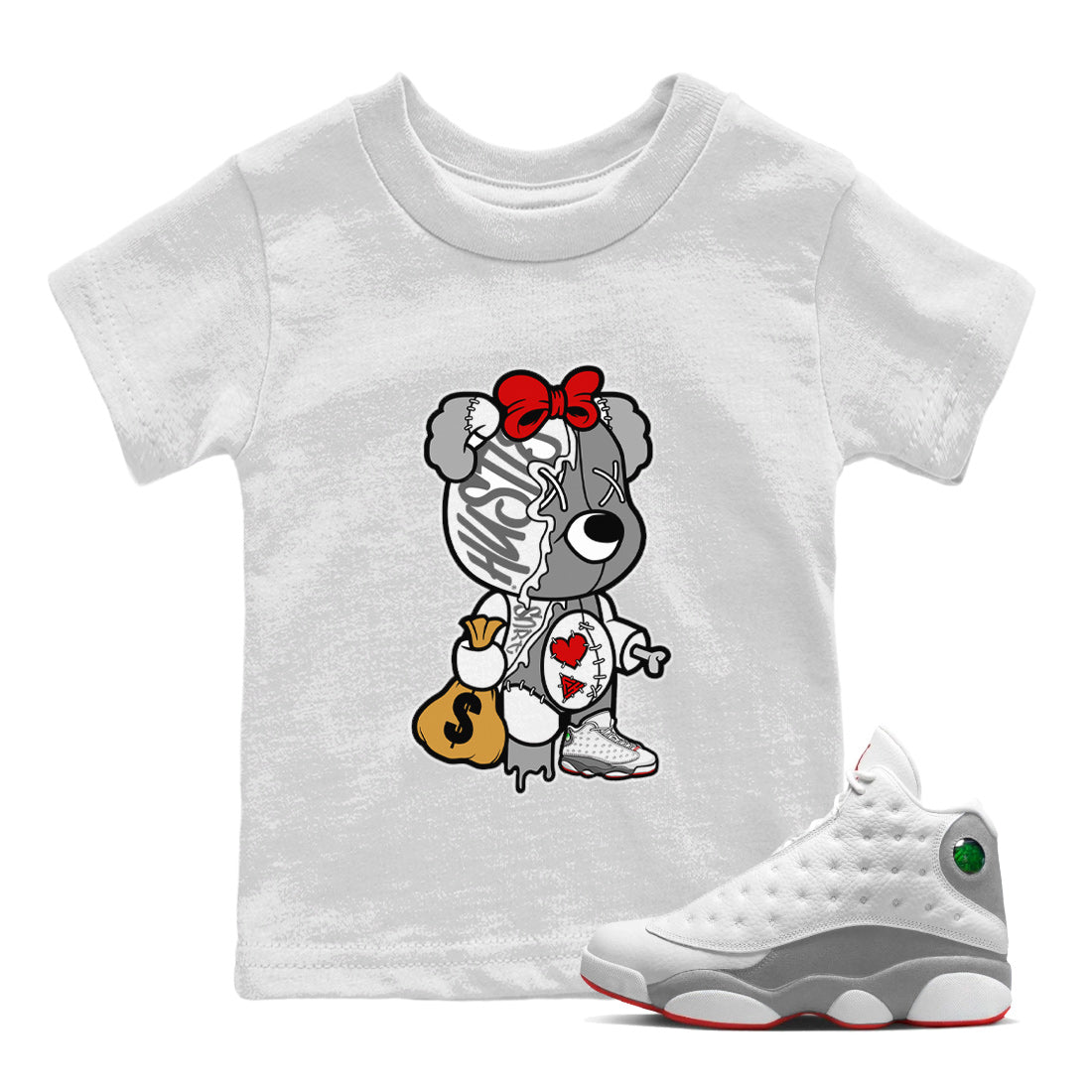 Stitched Hustle Bear Kids Tops - Air Jordan 13 Wolf Grey
