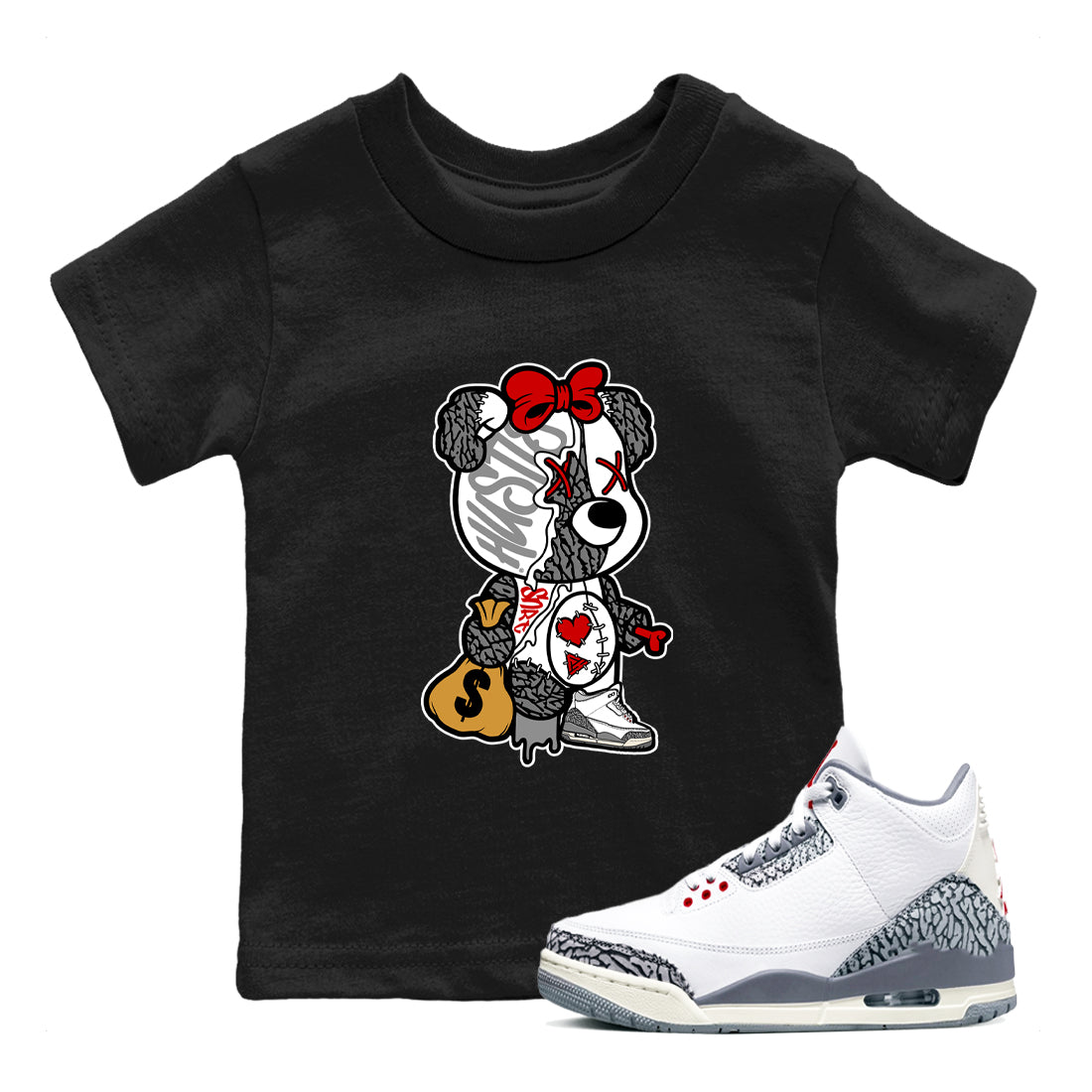 Stitched Hustle Bear snkmatch Tees Kids - Air Jordan 3 Cement Grey