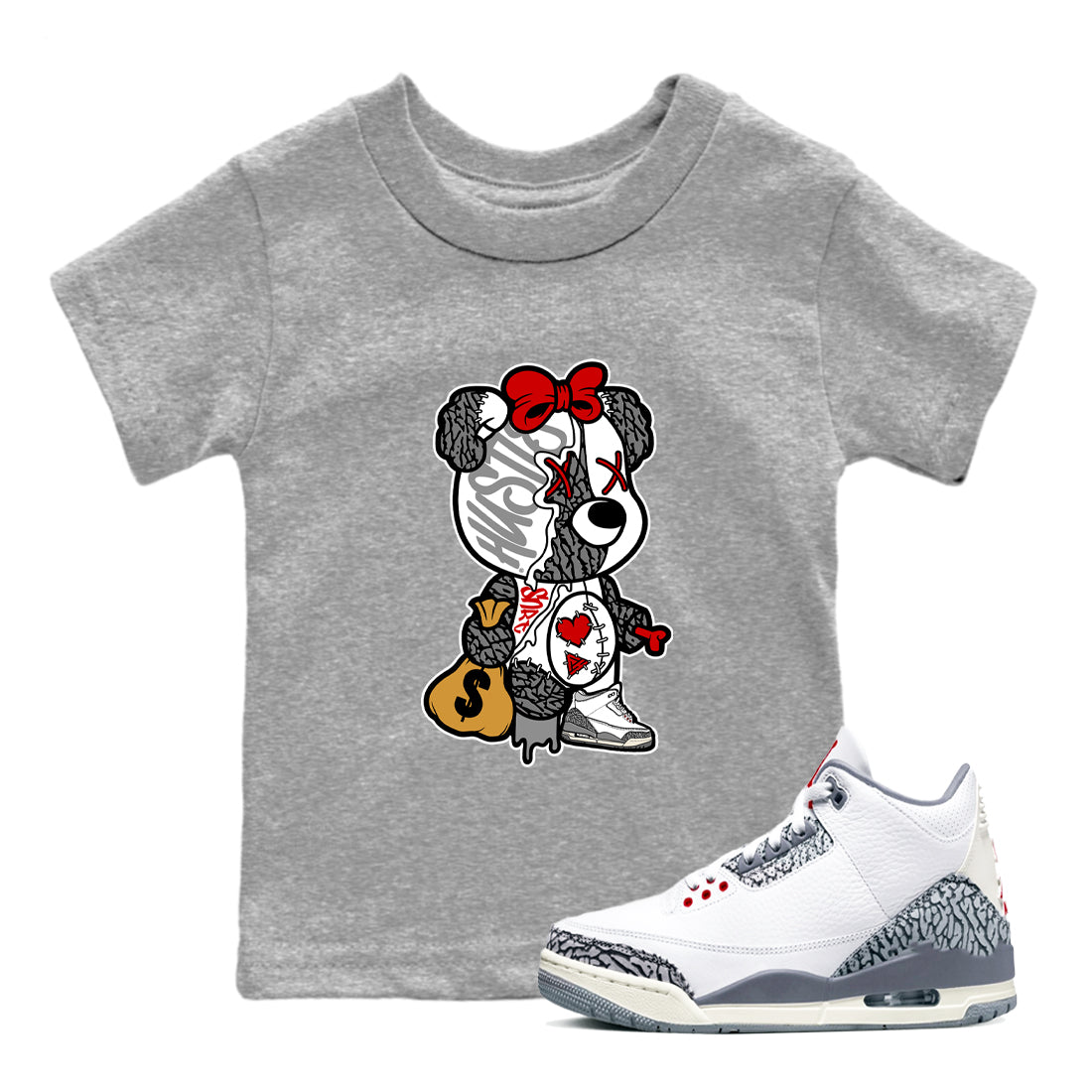 Stitched Hustle Bear snkmatch Tees Kids - Air Jordan 3 Cement Grey