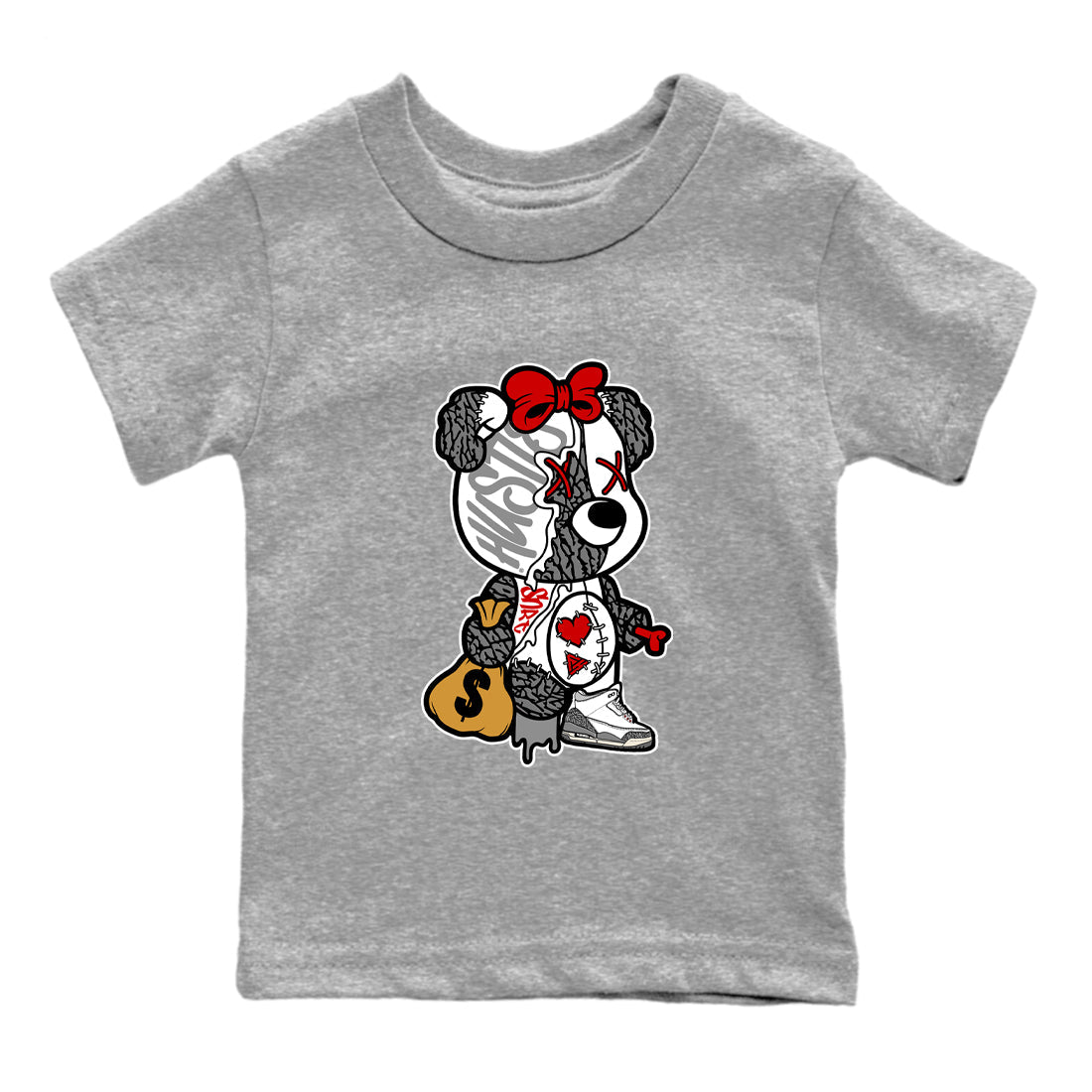 Stitched Hustle Bear snkmatch Tees Kids - Air Jordan 3 Cement Grey