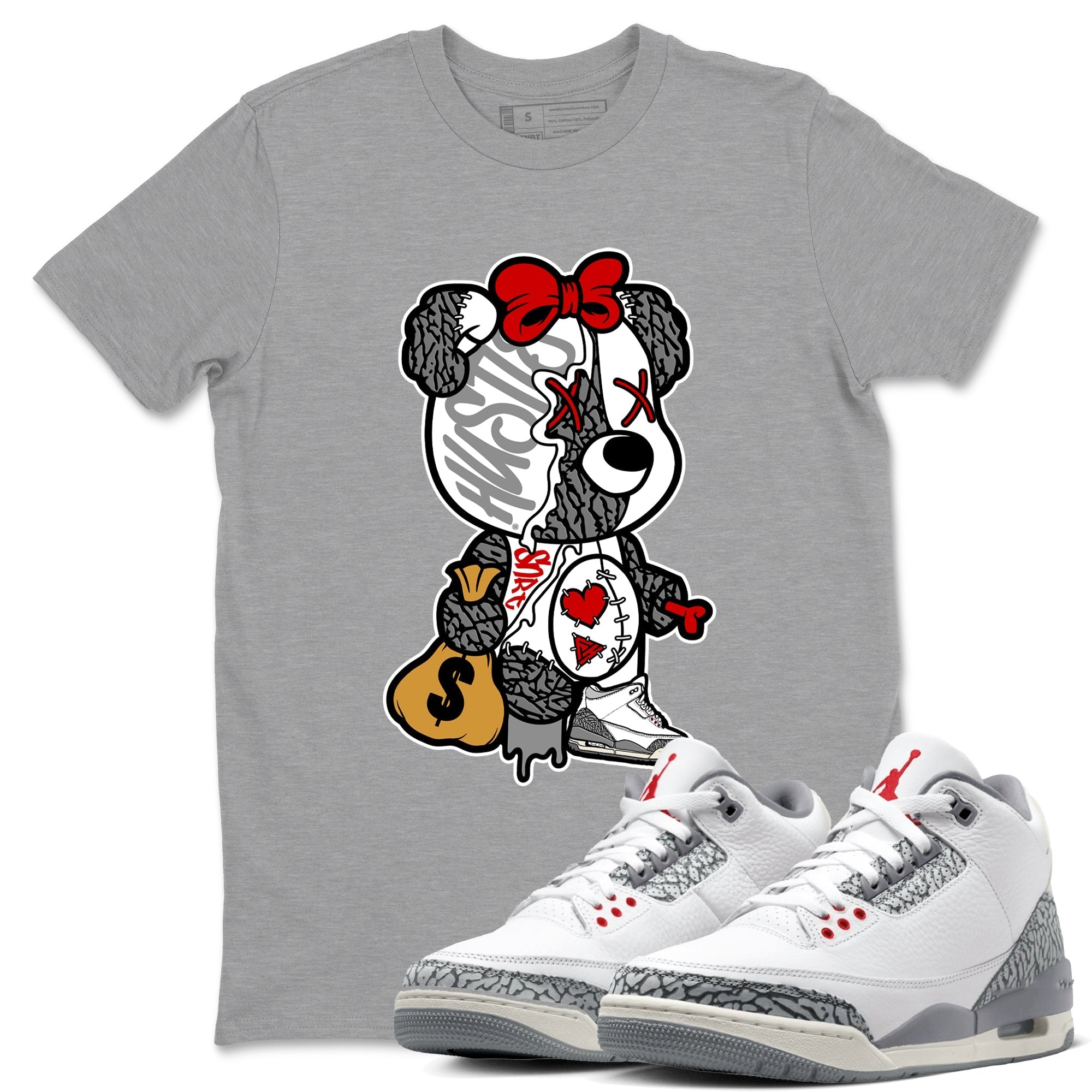 Stitched Hustle Bear snkmatch Tees - Air Jordan 3 Cement Grey