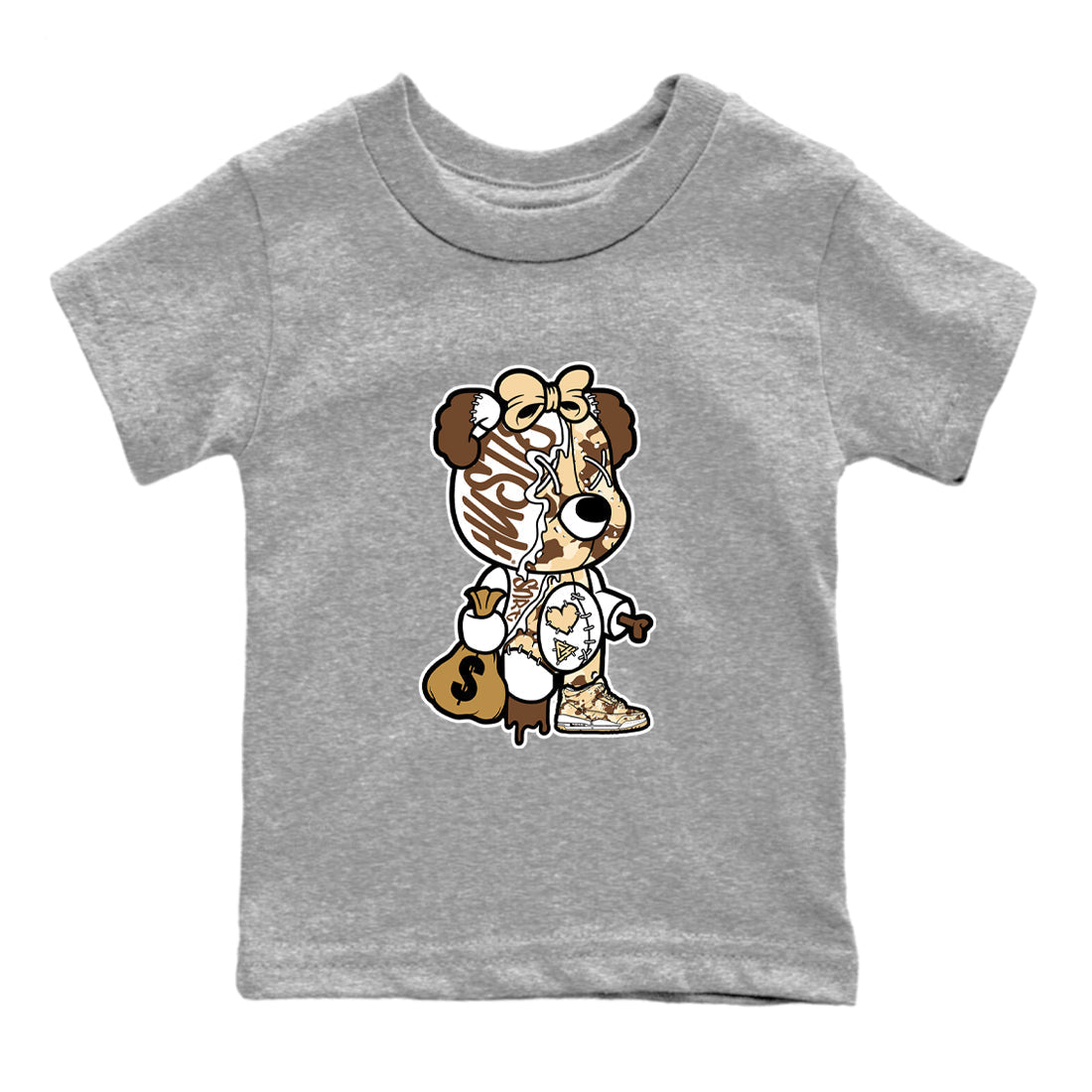 Stitched Hustle Bear snkmatch Tees Kids - Air Jordan 3 Desert Camo
