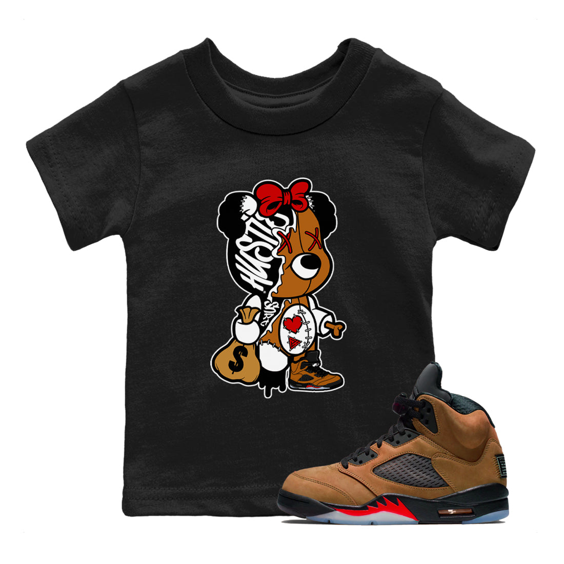 Stitched Hustle Bear snkmatch Tees Kids - Air Jordan 5 Archaeo Brown