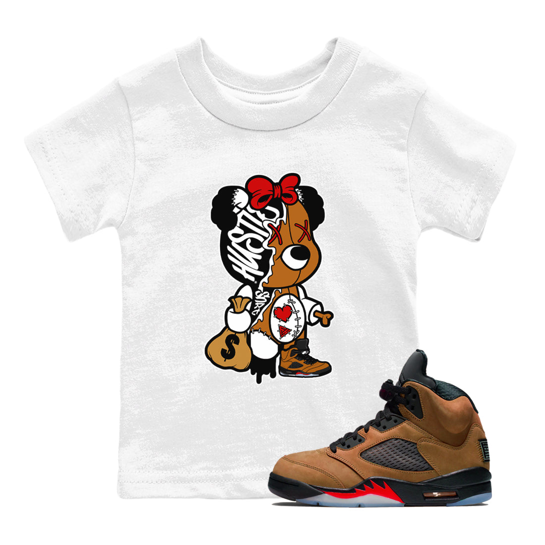 Stitched Hustle Bear snkmatch Tees Kids - Air Jordan 5 Archaeo Brown